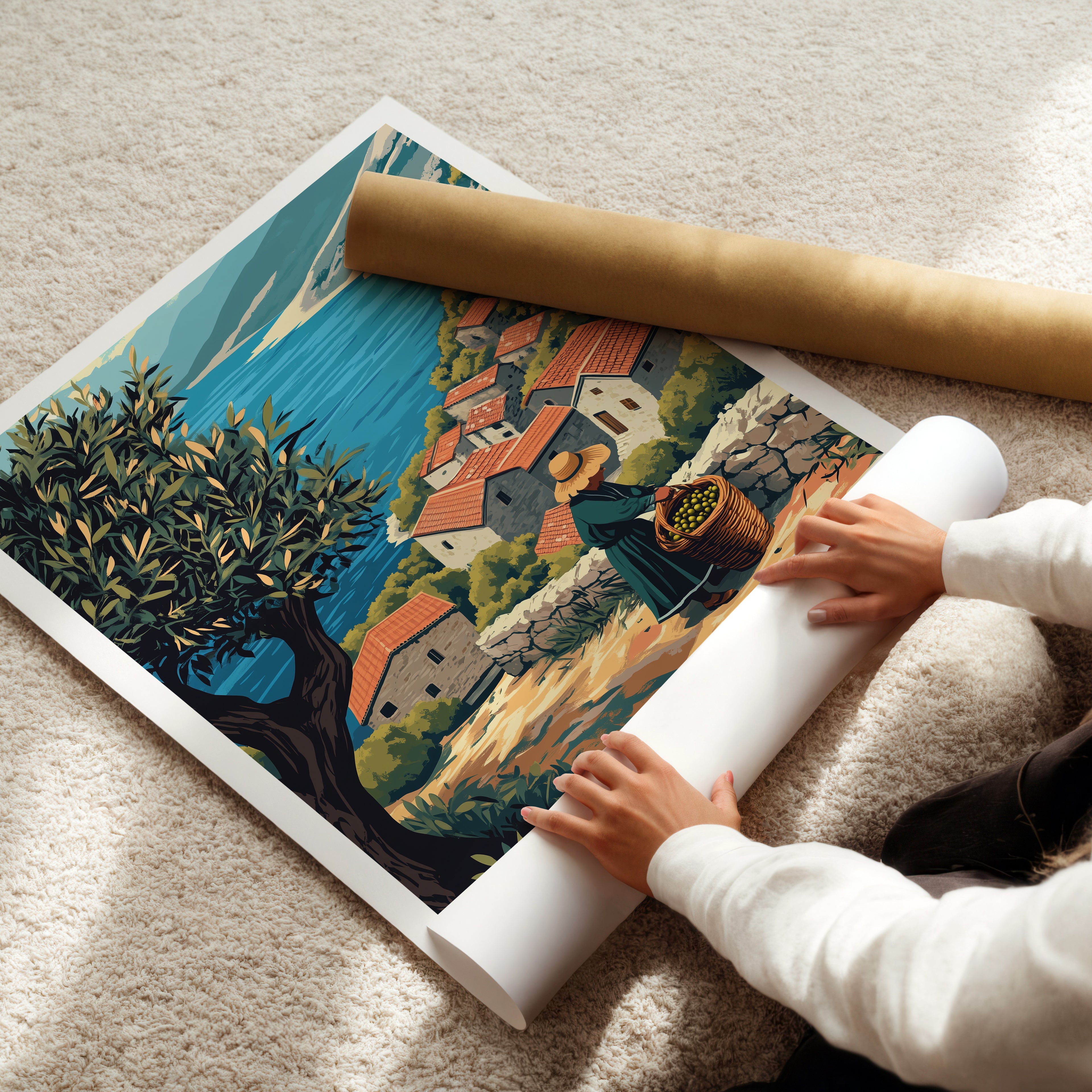 Croatia Travel Poster – Mediterranean Village & Olive Harvest Coastal Landscape Art
