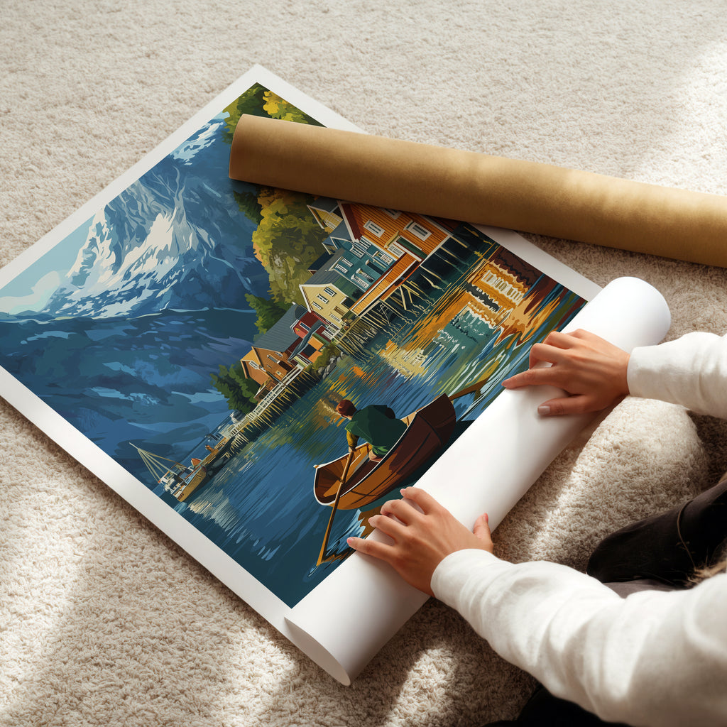Norway Travel Poster: Nordic Fjord Village Illustration Art