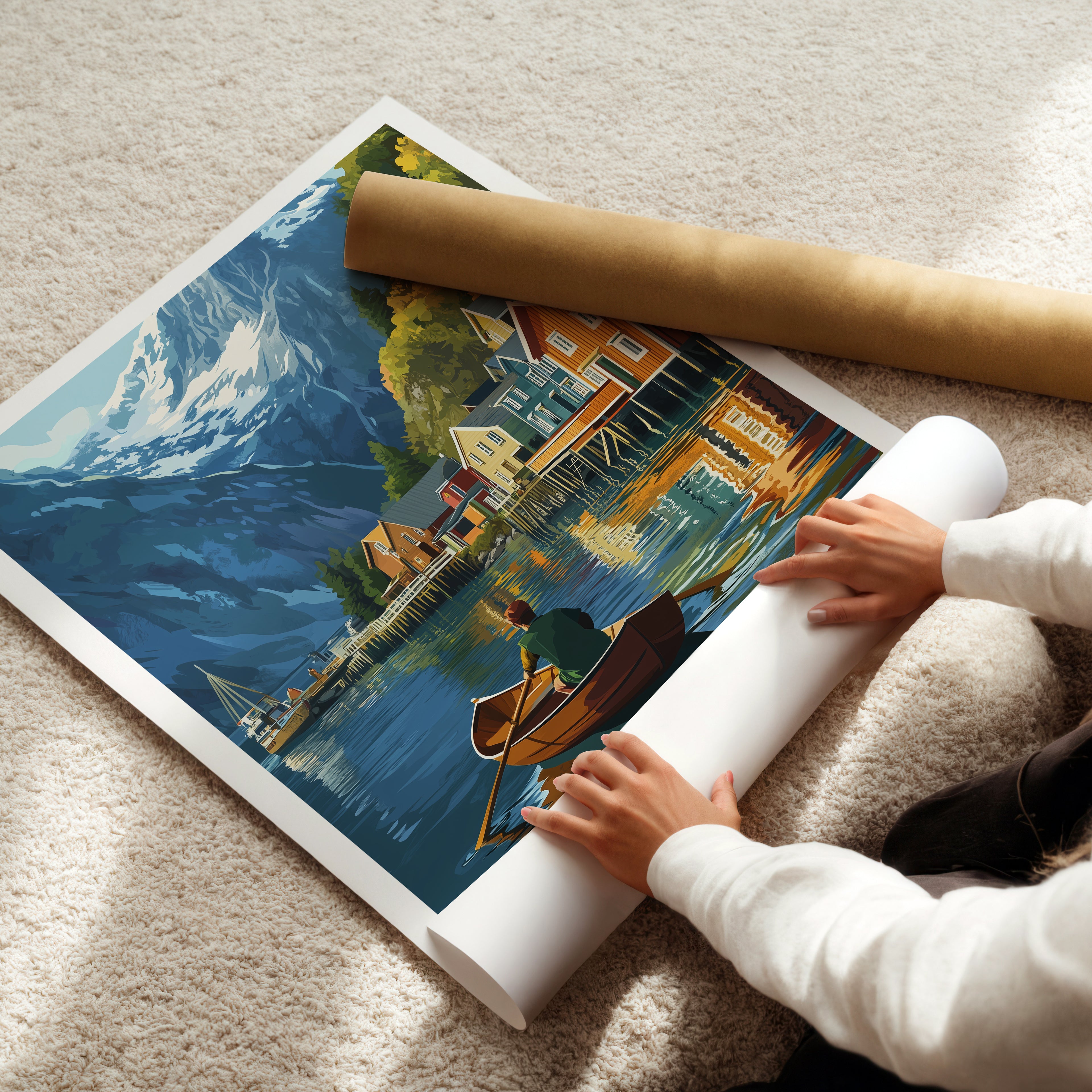 Norway Travel Poster: Nordic Fjord Village Illustration Art