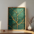 Emerald wall art featuring kintsugi-inspired abstract design with gold veins and teal tones