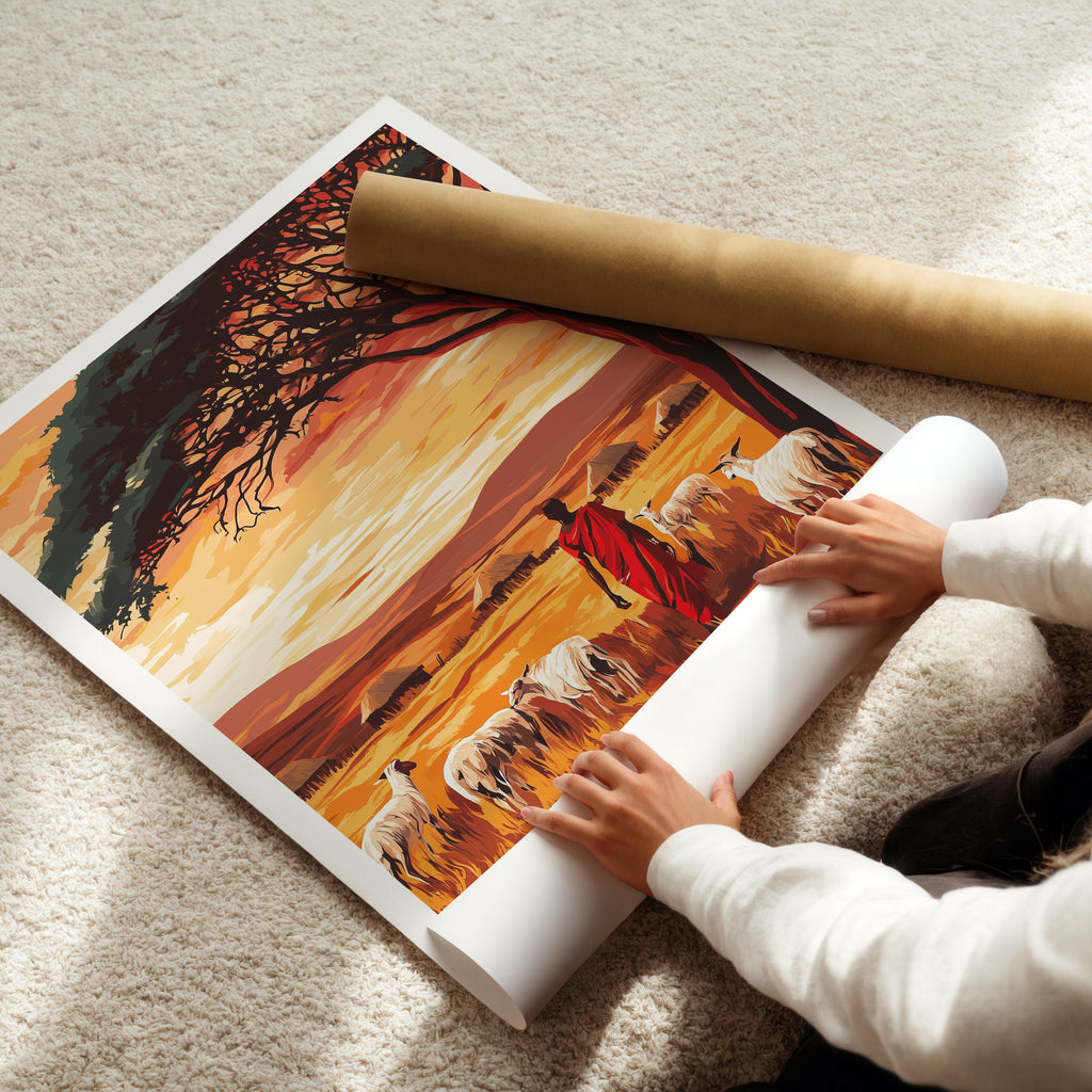 Kenya Travel Poster: Maasai Savannah Sunset Illustration Art