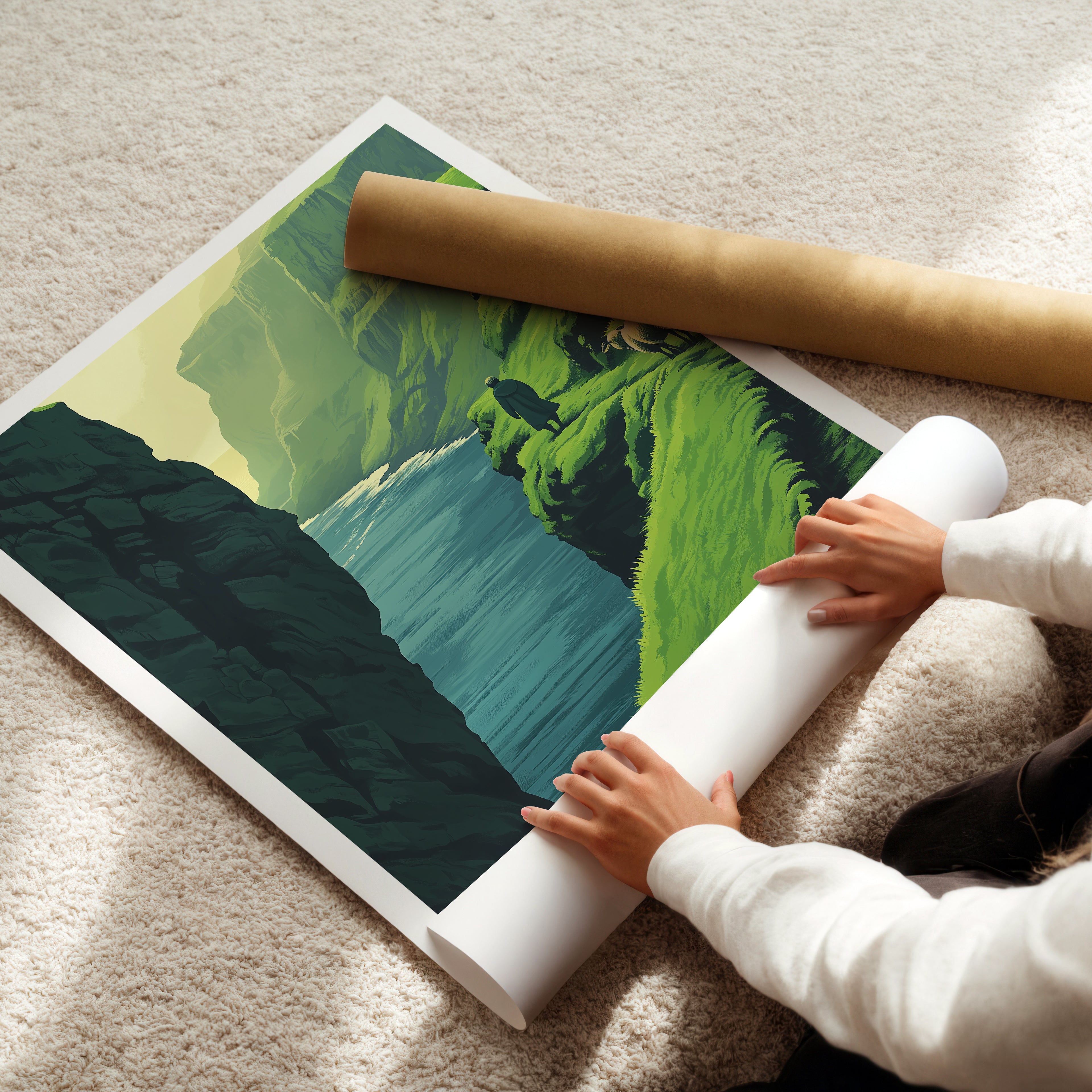 Faroe Islands Cliffside Poster – Nordic Landscape Art Print, Grass Roof Houses & Ocean View Illustration