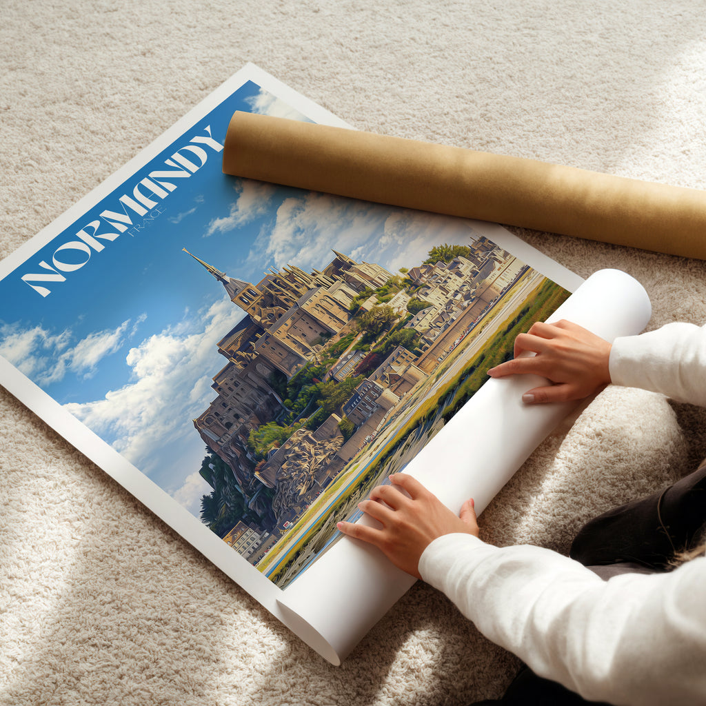 France Travel Poster – Normandy Castle Wall Art Print, Historic Landmark, European Decor