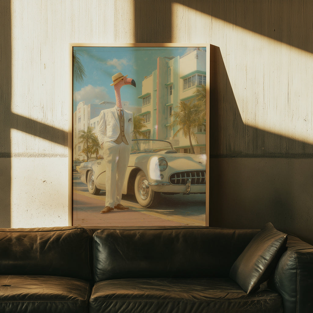 Flamingo on Ocean Drive Poster – Miami Retro Wall Art, Art Deco Print