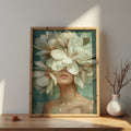 Botanical wall art featuring mysterious woman portrait veiled in white flowers