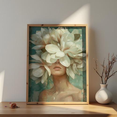 Botanical wall art featuring mysterious woman portrait veiled in white flowers