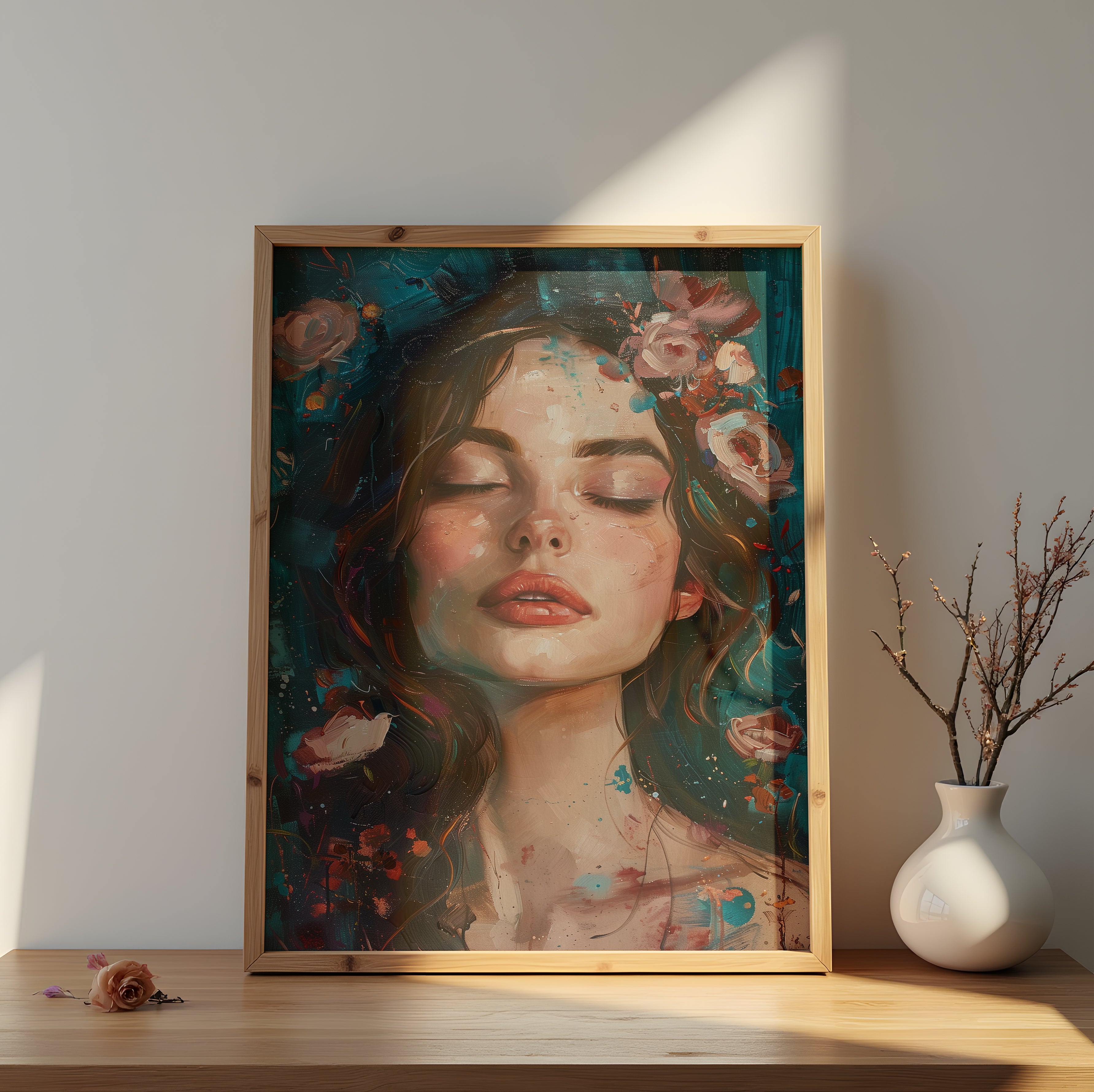 Teal wall art featuring expressive portrait with painterly brushstrokes and floral elements