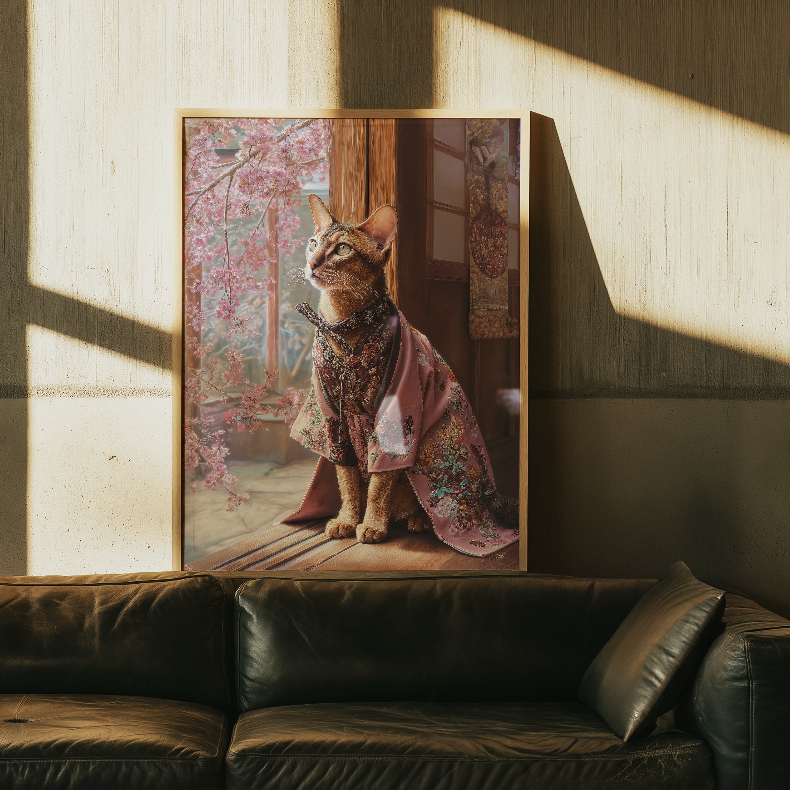 Kimono Cat Poster – Japanese Animal Print, Cherry Blossom Wall Art, Elegant Feline Decor