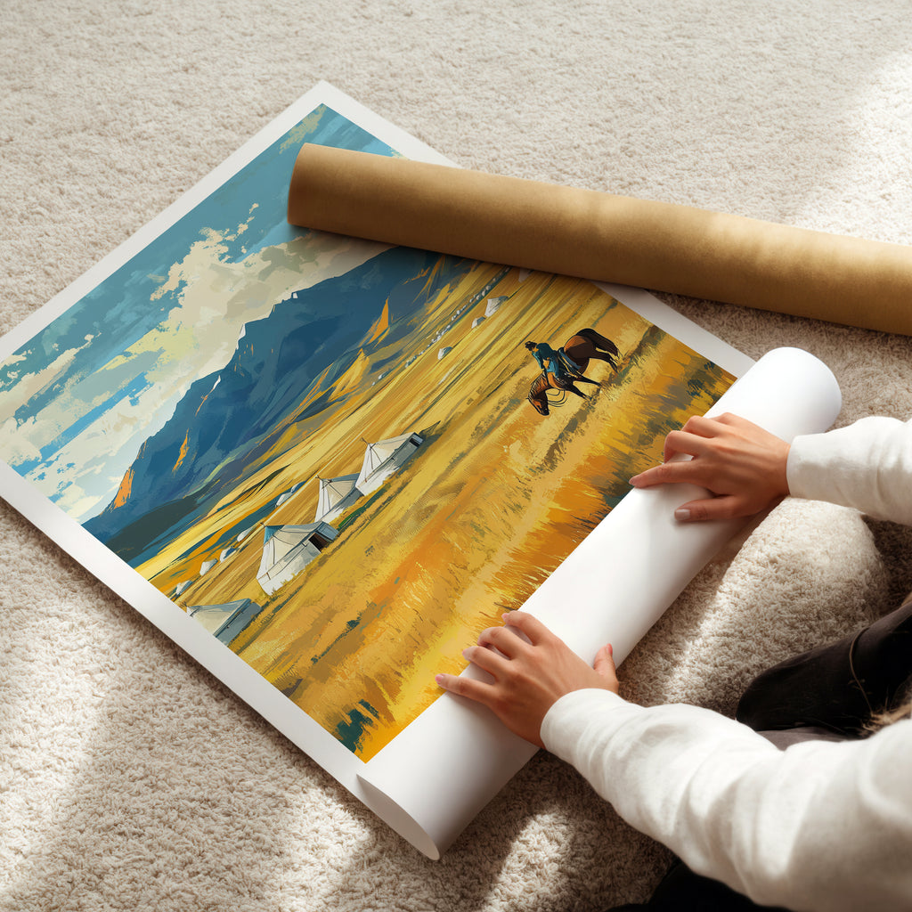 Mongolia Travel Poster: Nomadic Steppe Landscape Illustration Art