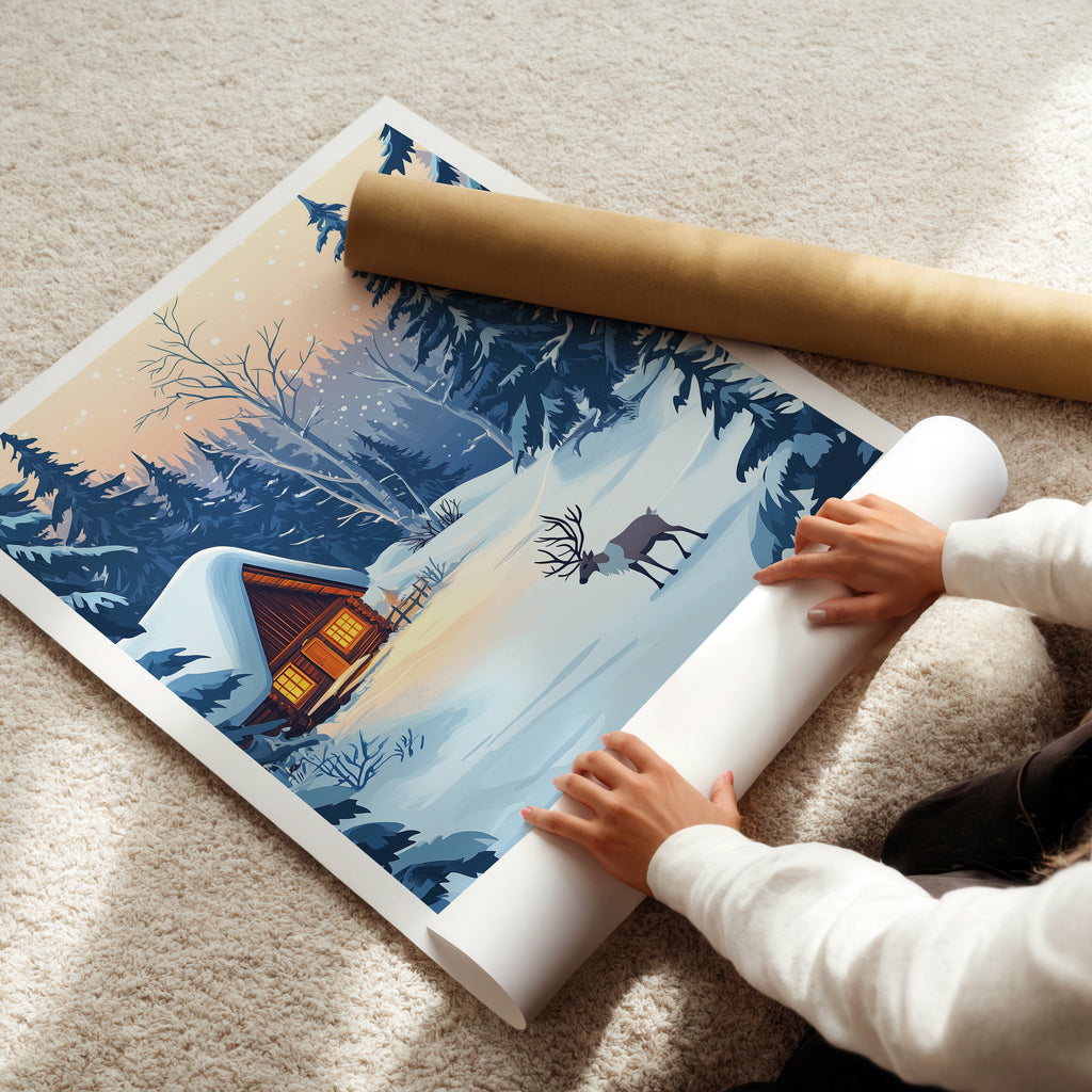 Lapland Travel Poster: Nordic Winter Cabin Illustration Art