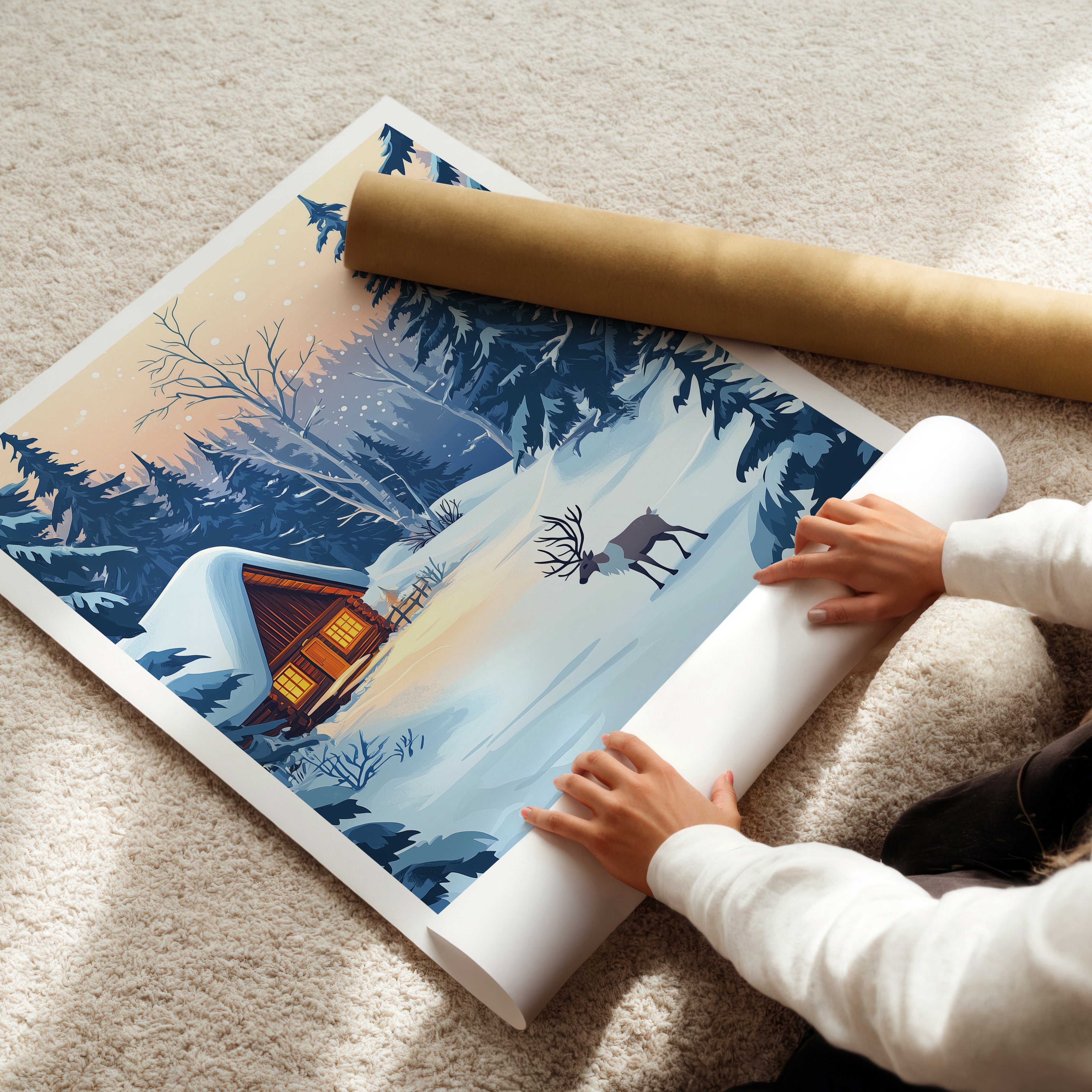 Lapland Travel Poster: Nordic Winter Cabin Illustration Art