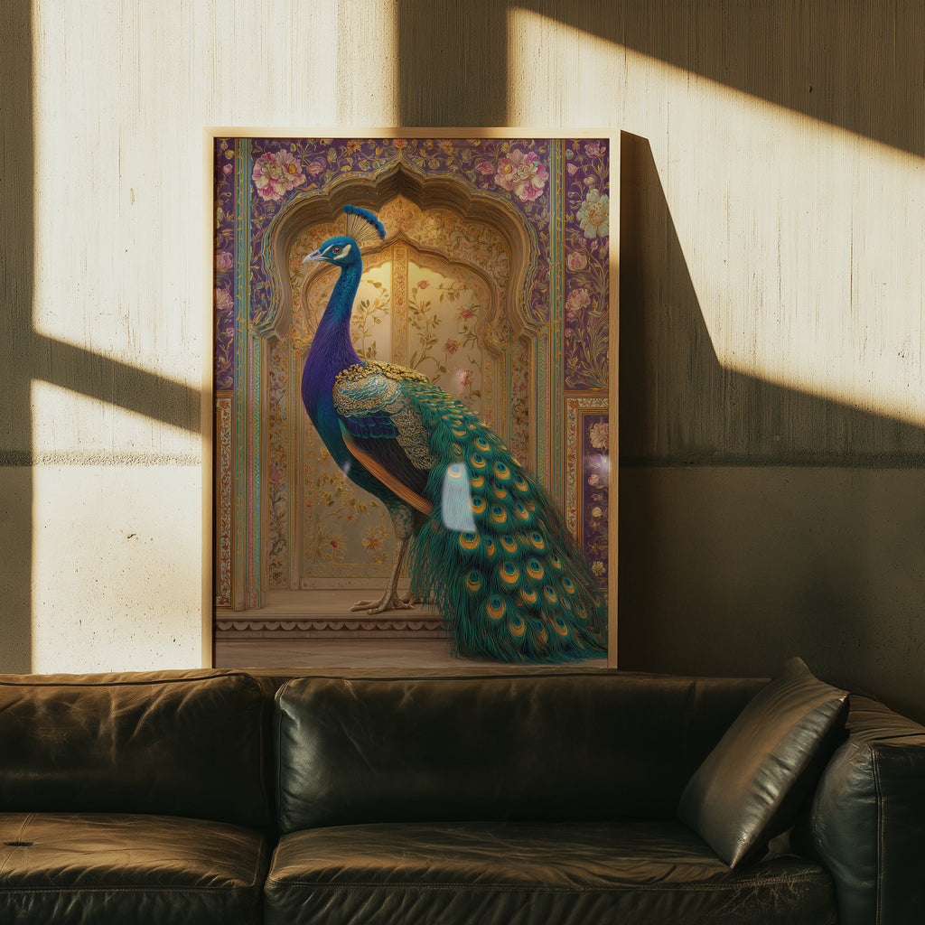 Peacock in Rajasthan Poster – Indian Palace Bird Print, Boho Wall Art