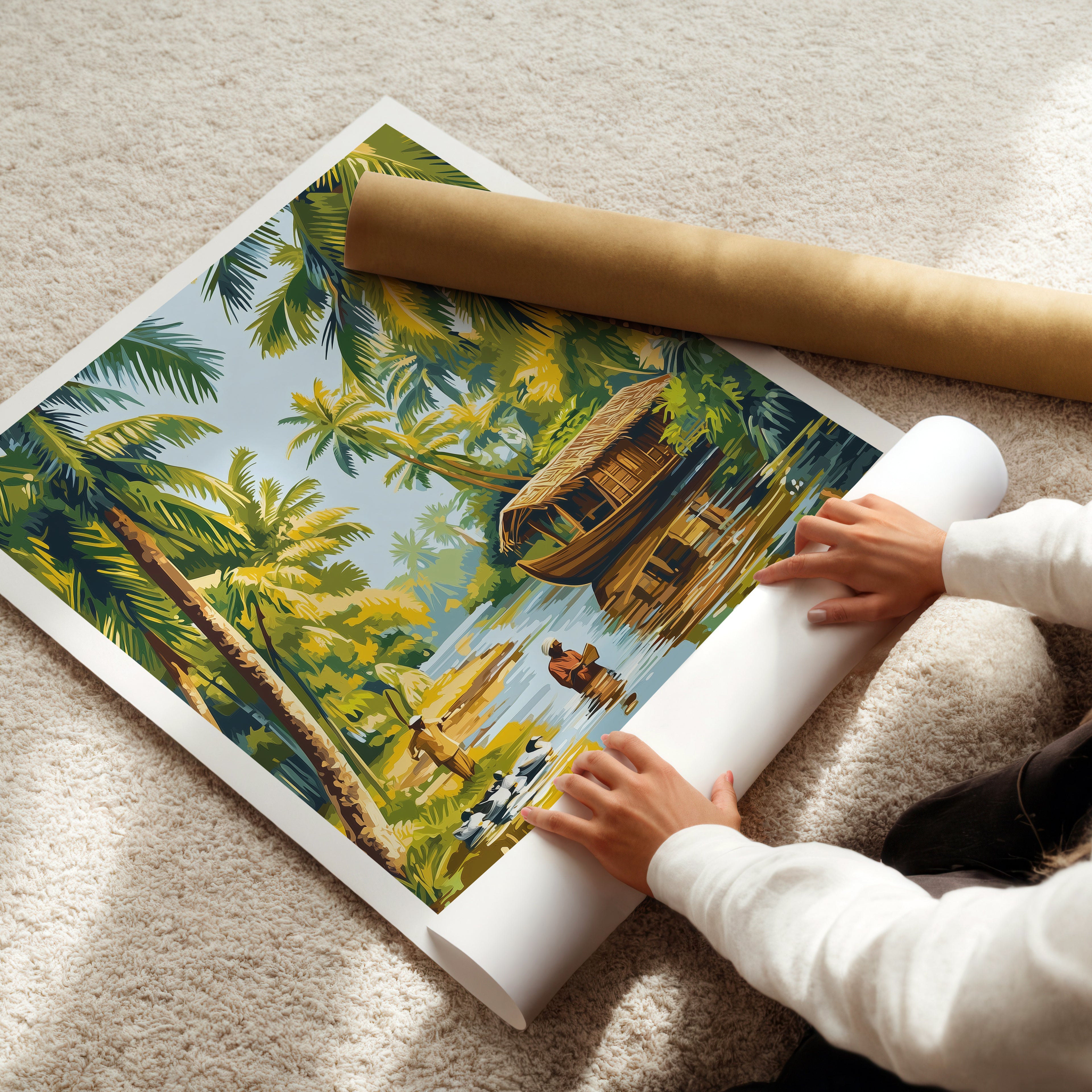 India Travel Poster: Kerala Backwaters Tropical Illustration Art