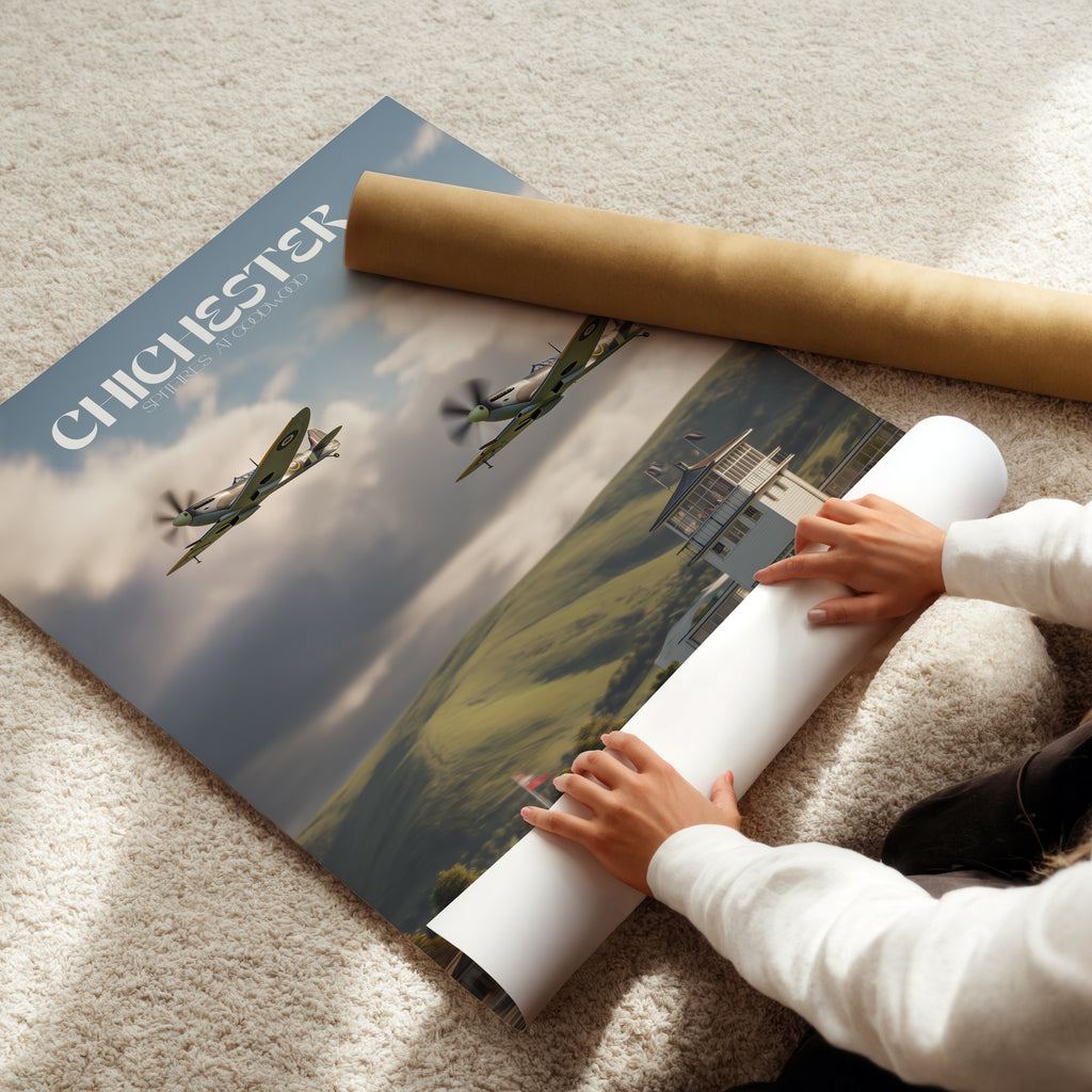 Goodwood Spitfires Chichester Travel Poster – British Aviation Wall Art, WWII Planes Print, Sussex Landscape Photography