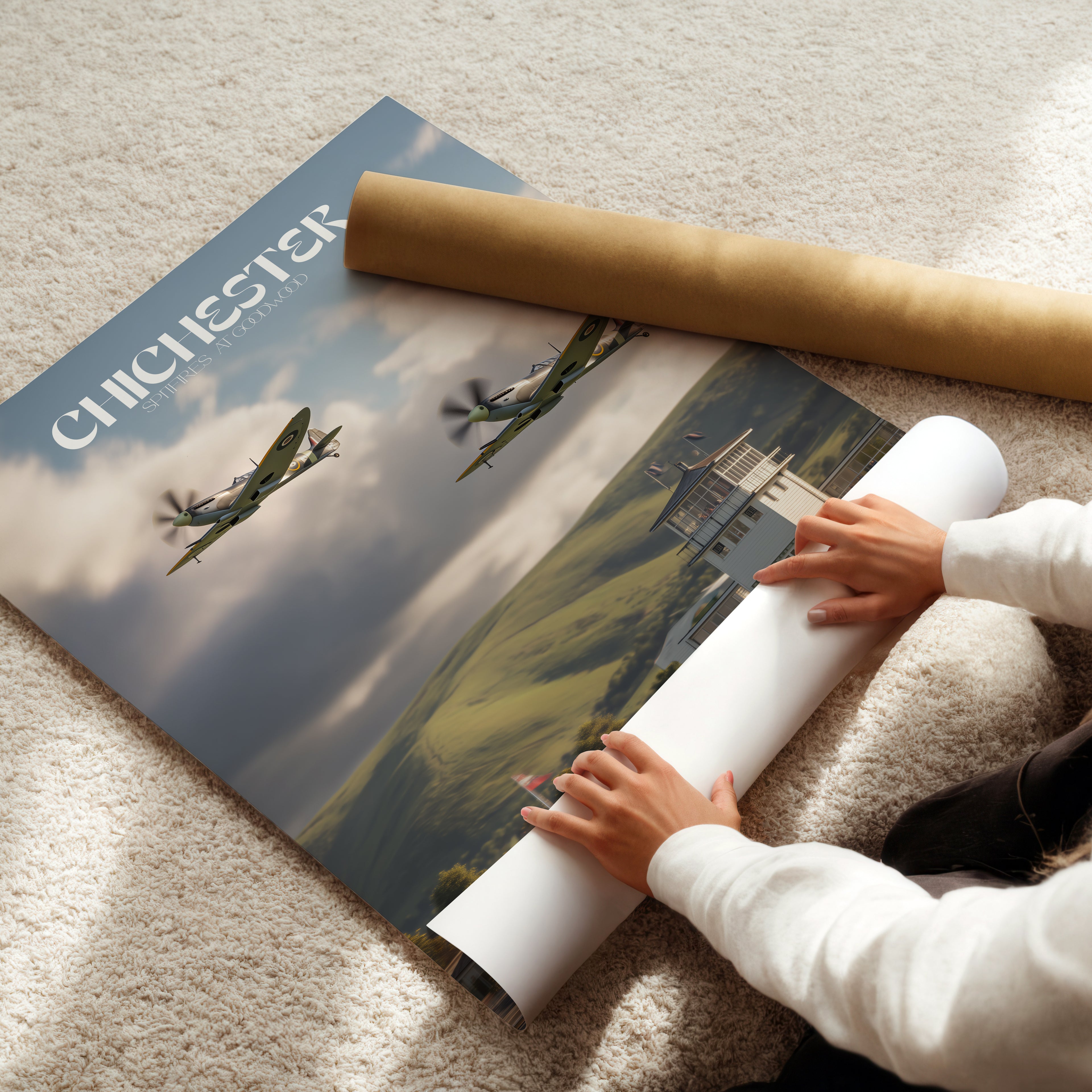 Goodwood Spitfires Chichester Travel Poster – British Aviation Wall Art, WWII Planes Print, Sussex Landscape Photography