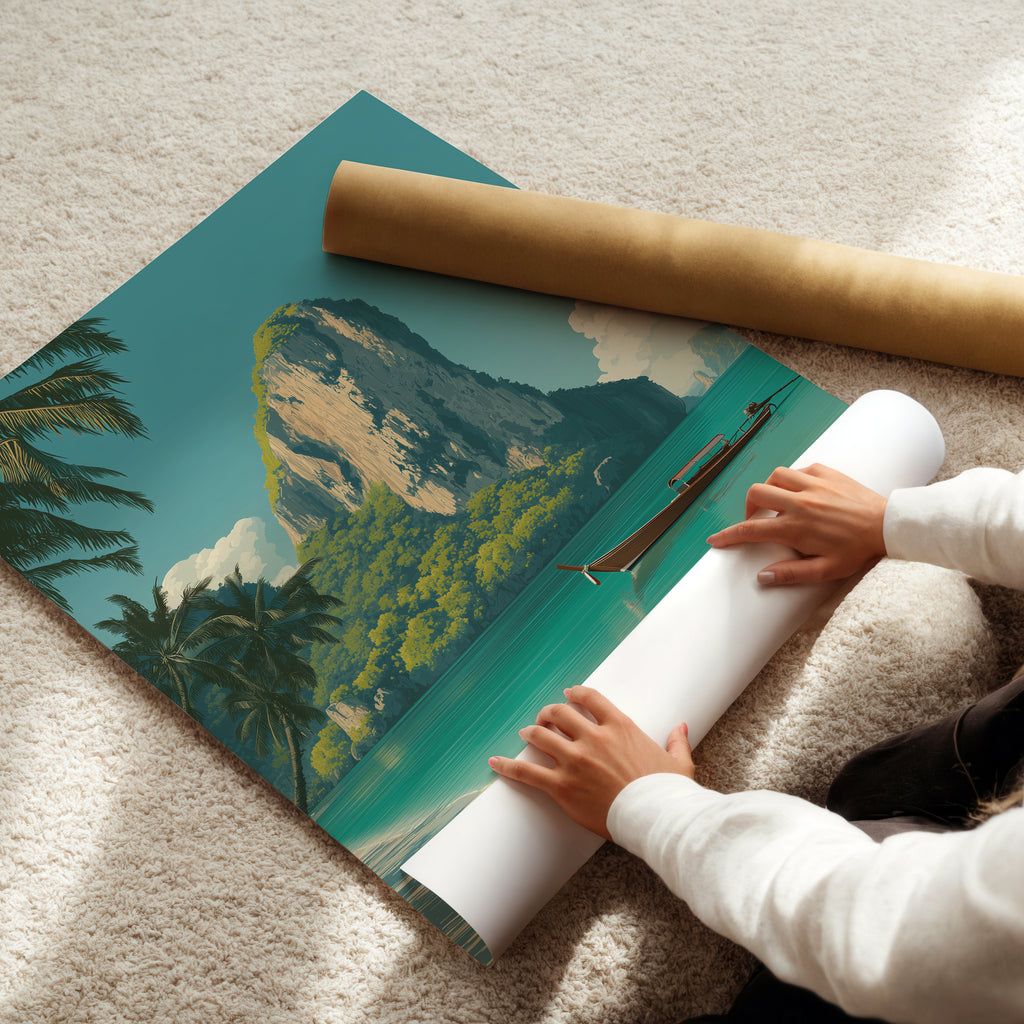 Krabi Thailand Travel Print: Tropical Beach, Longtail Boat, Southeast Asia