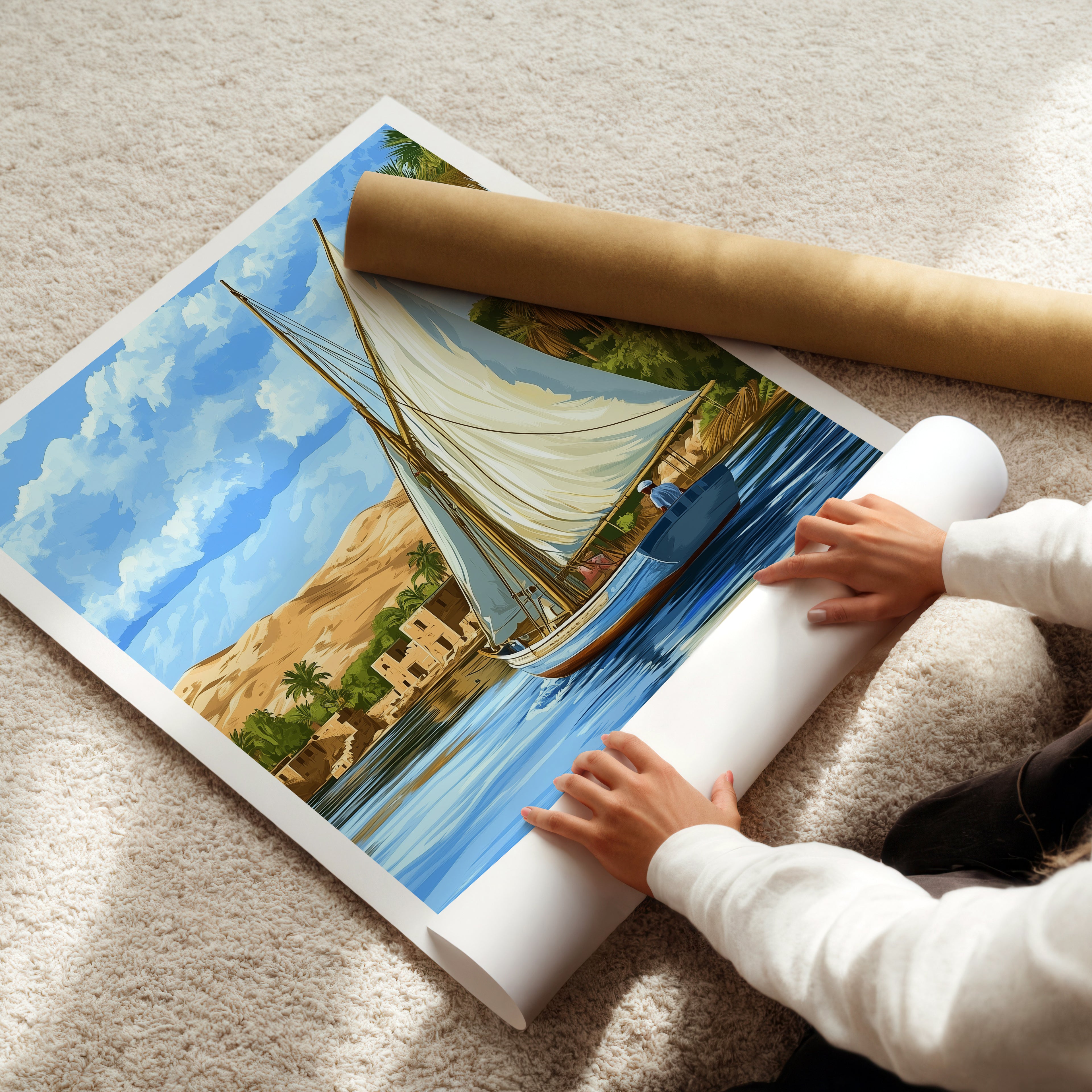 Egypt Travel Poster: Nile River Felucca Illustration Art