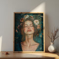 Botanical wall art featuring ethereal woman portrait surrounded by delicate flowers