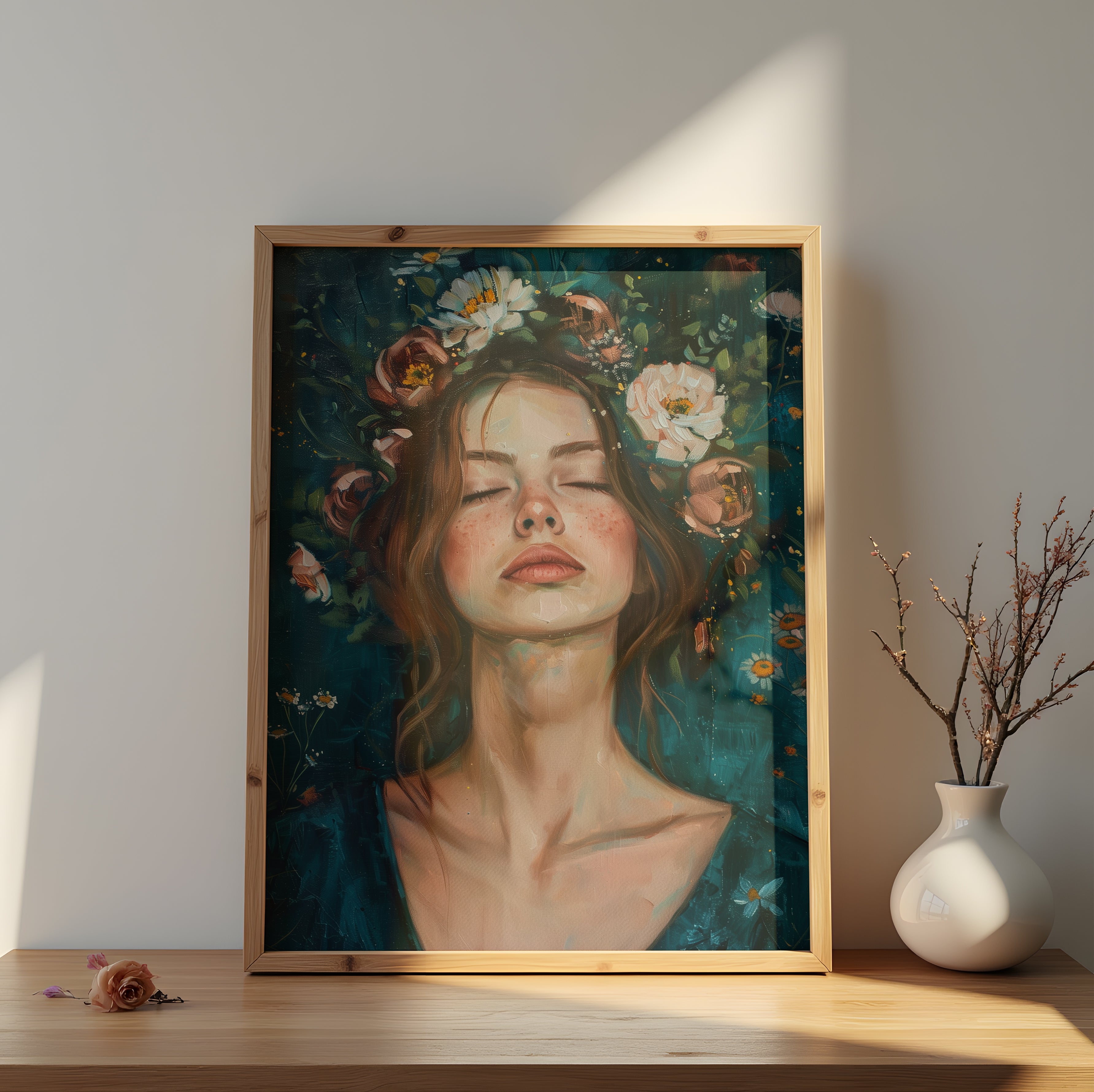 Botanical wall art featuring ethereal woman portrait surrounded by delicate flowers