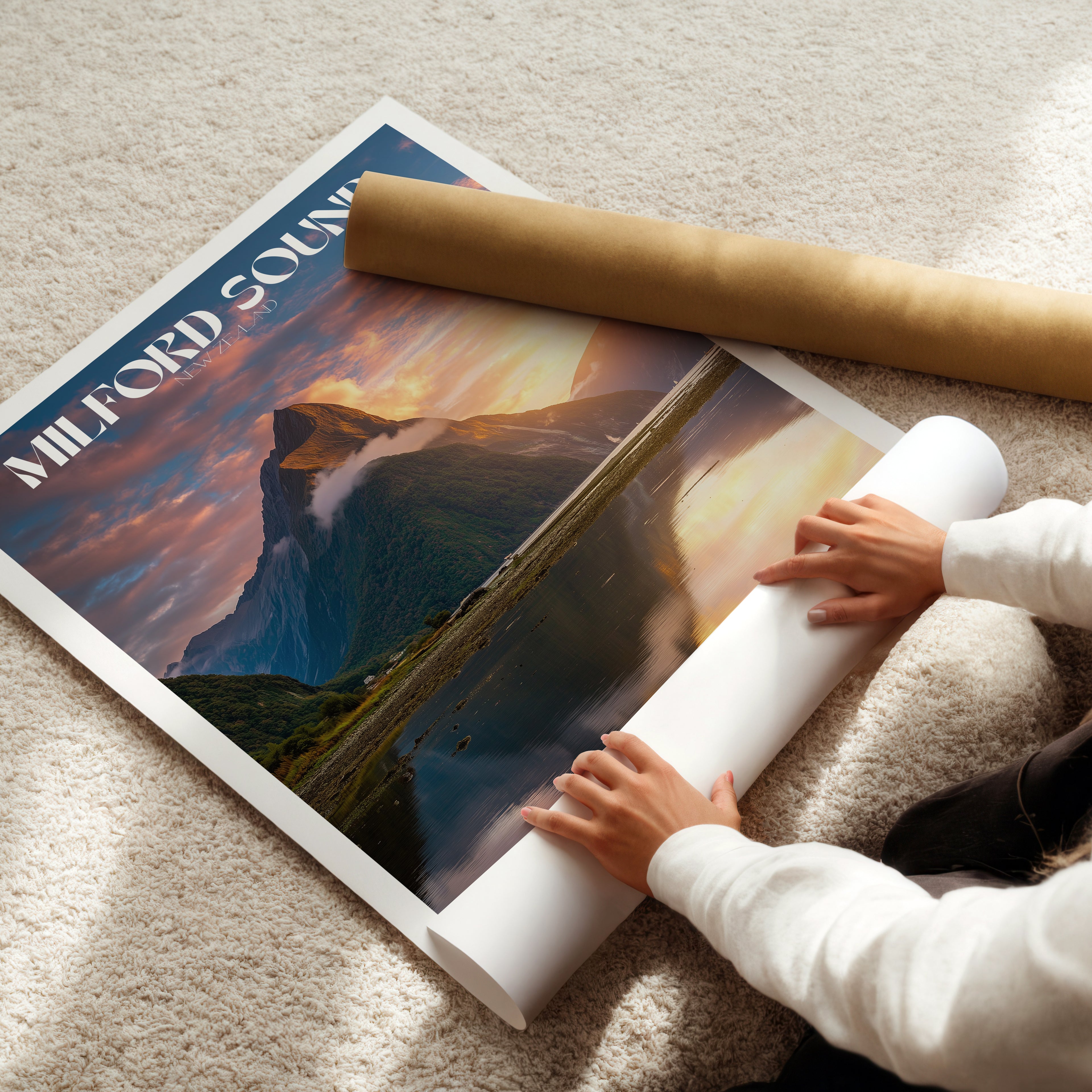 New Zealand Travel Poster – Milford Sound Sunrise Print, Mountain Reflection Wall Art