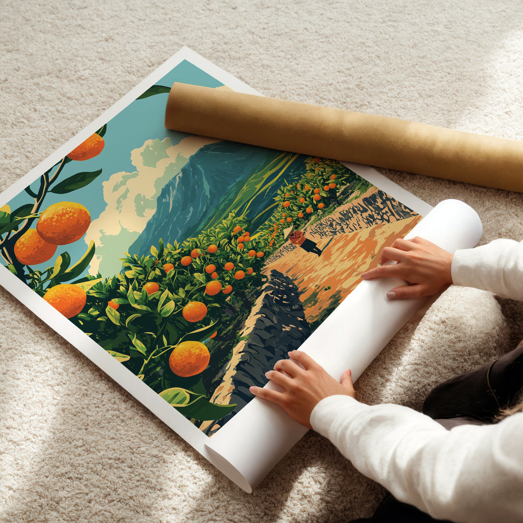 South Korea Travel Poster: Jeju Tangerine Farm Illustration Art