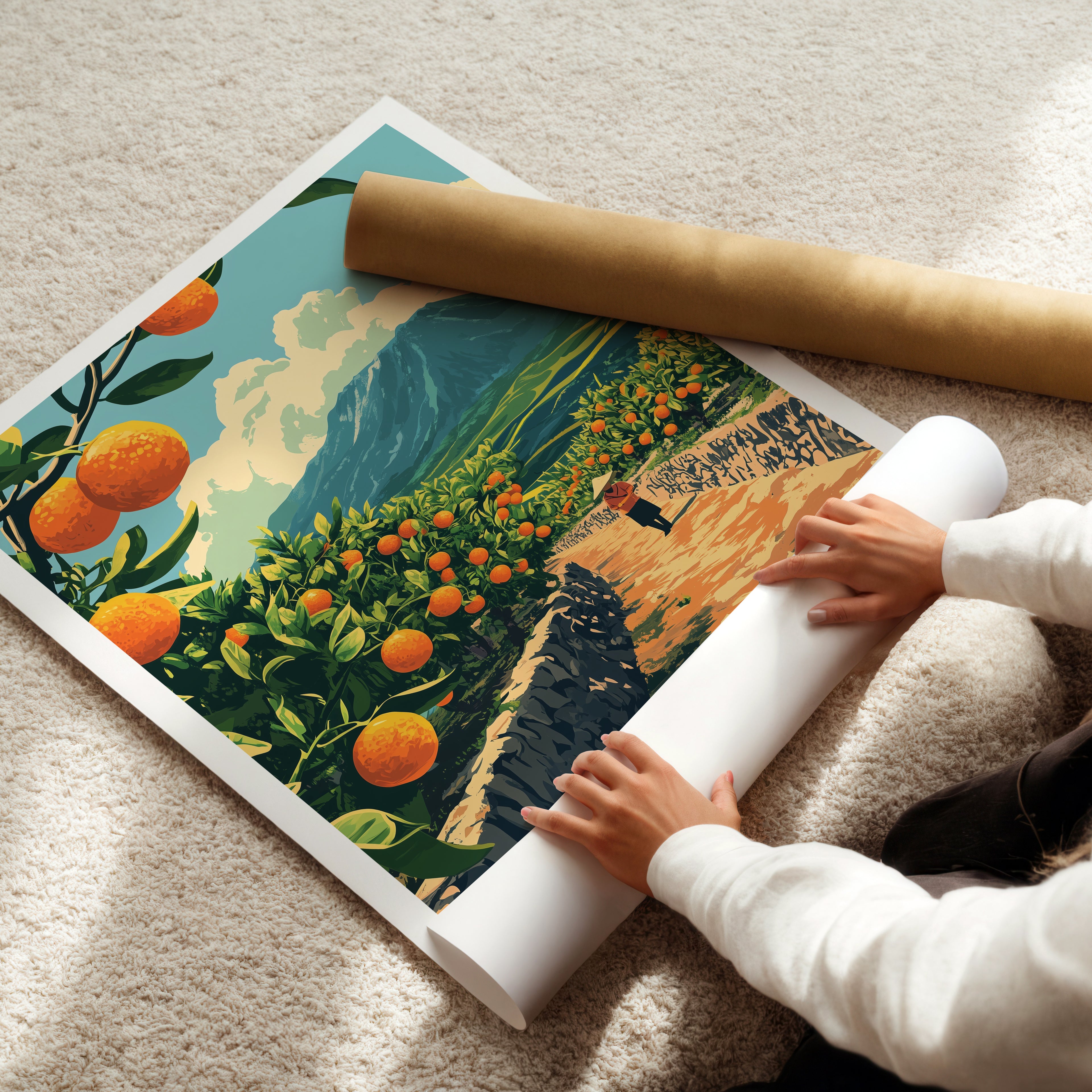 South Korea Travel Poster: Jeju Tangerine Farm Illustration Art