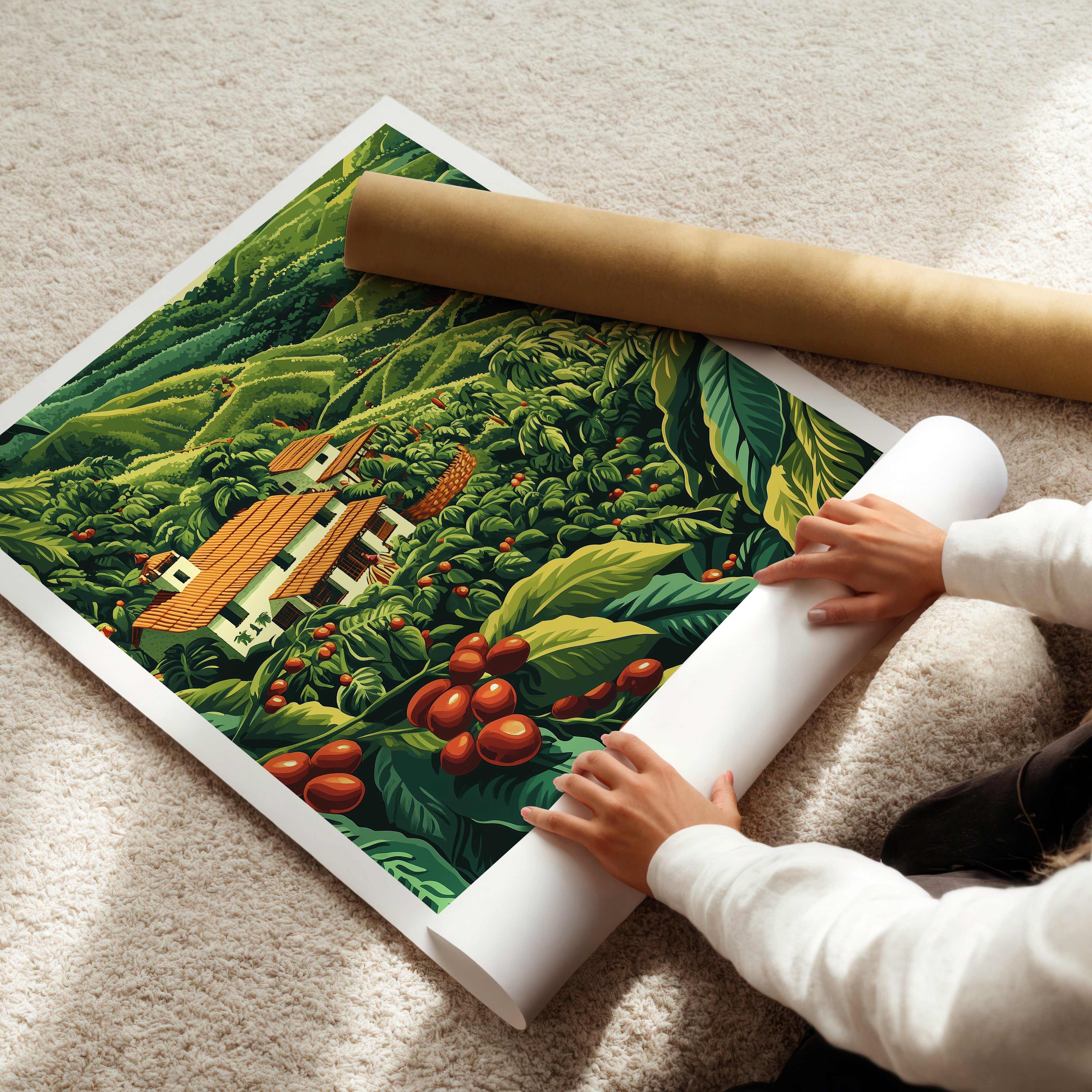 Colombia Coffee Farm Travel Poster – Eje Cafetero Landscape Illustration Art