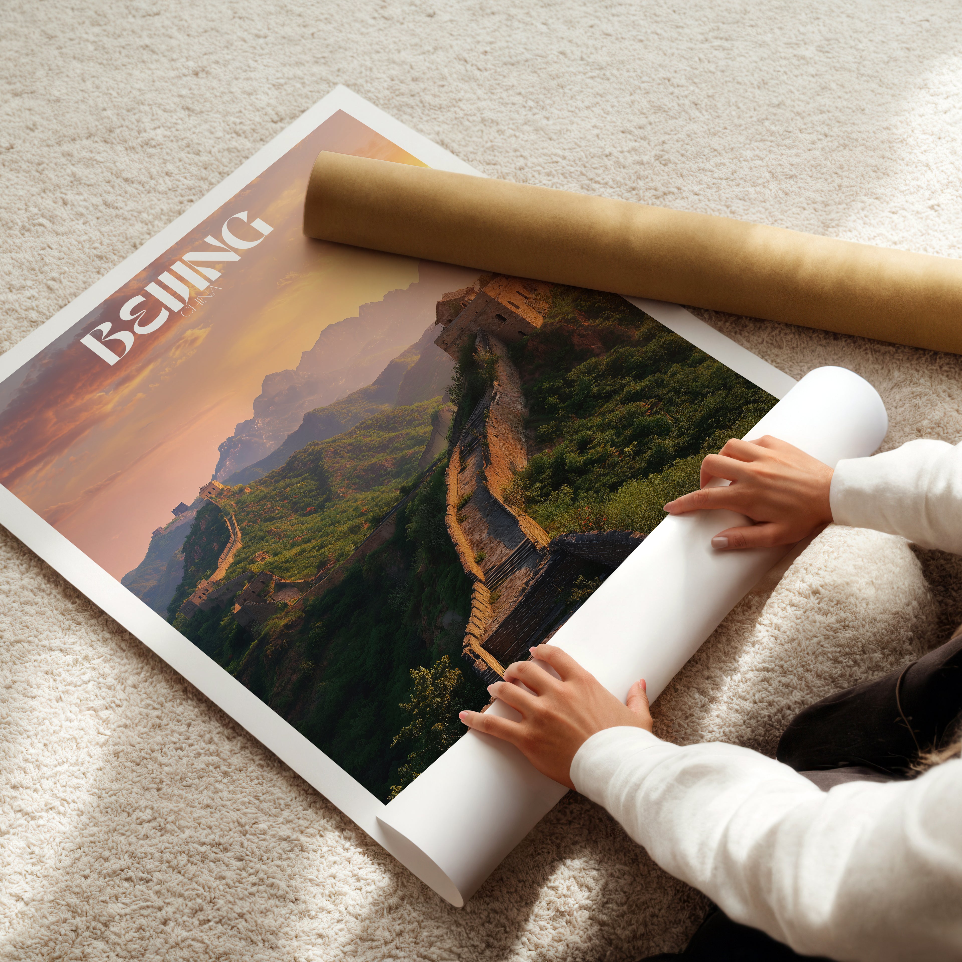 Great Wall of China Poster – Beijing Travel Wall Art, Historic Landmark Print, Framed Asian Decor, Great Wall Illustration