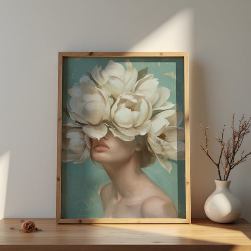 Botanical wall art featuring woman crowned with white flowers in contemplative pose