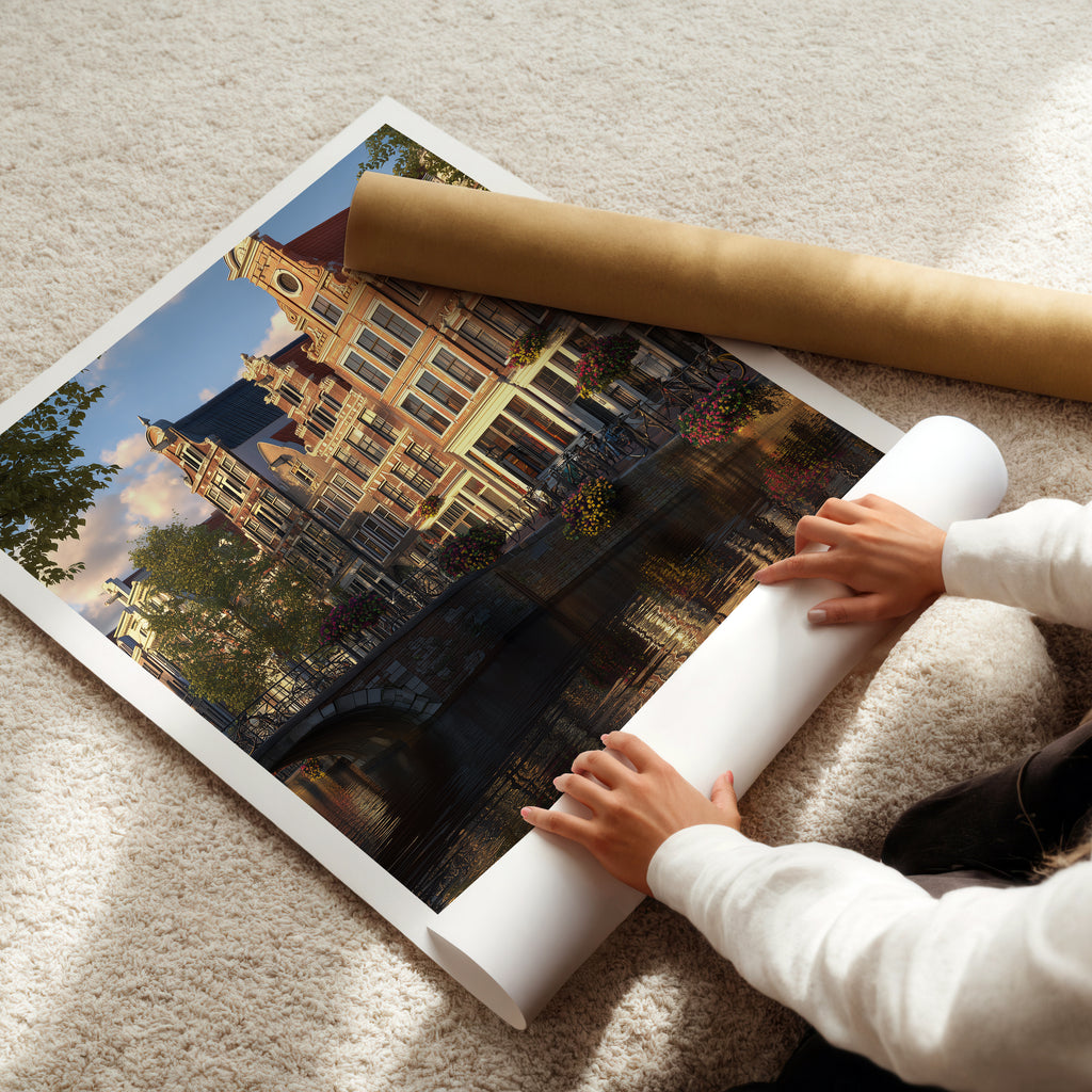 Netherlands Travel Poster – Amsterdam Canal Houses Wall Art Print, European Cityscape Decor