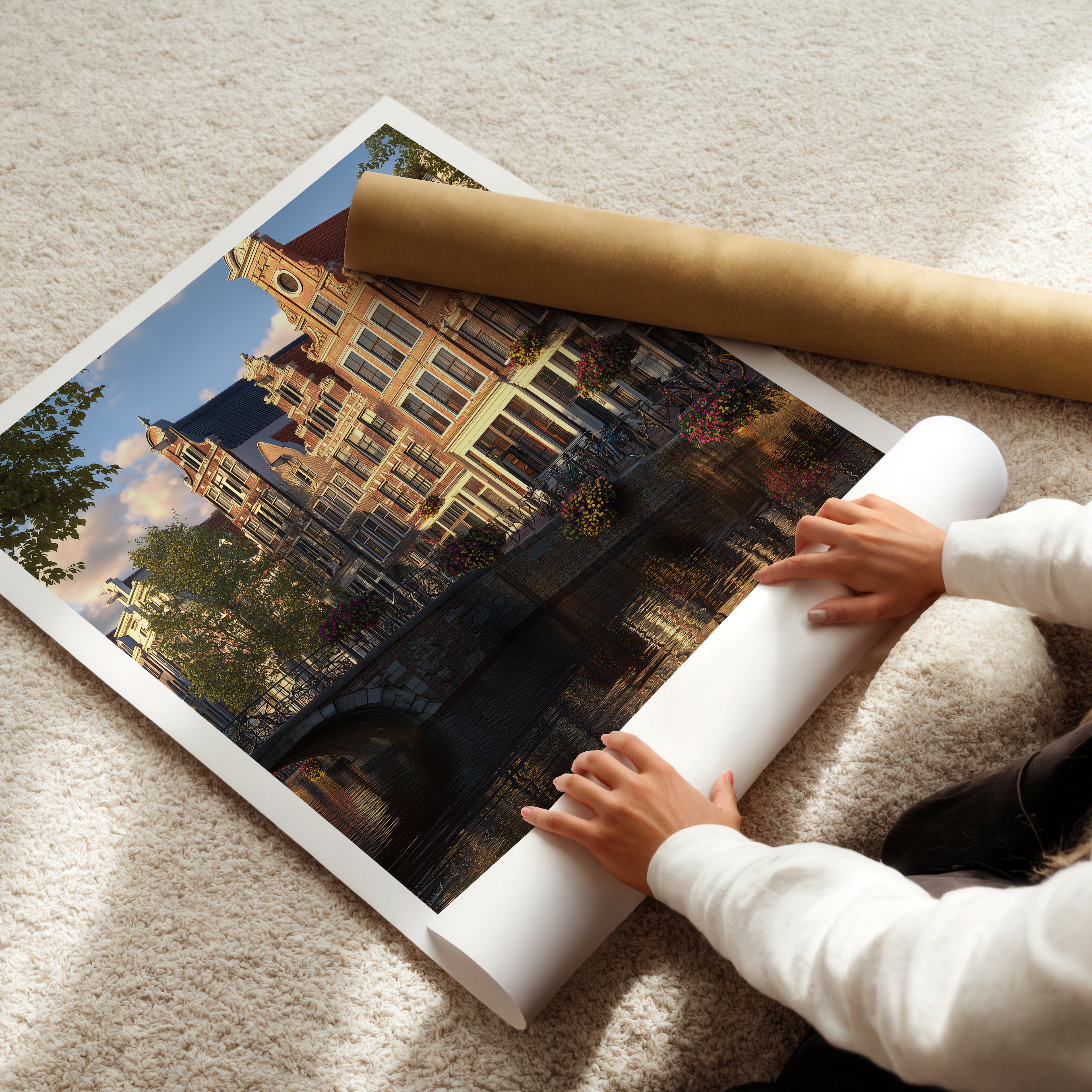 Netherlands Travel Poster – Amsterdam Canal Houses Wall Art Print, European Cityscape Decor