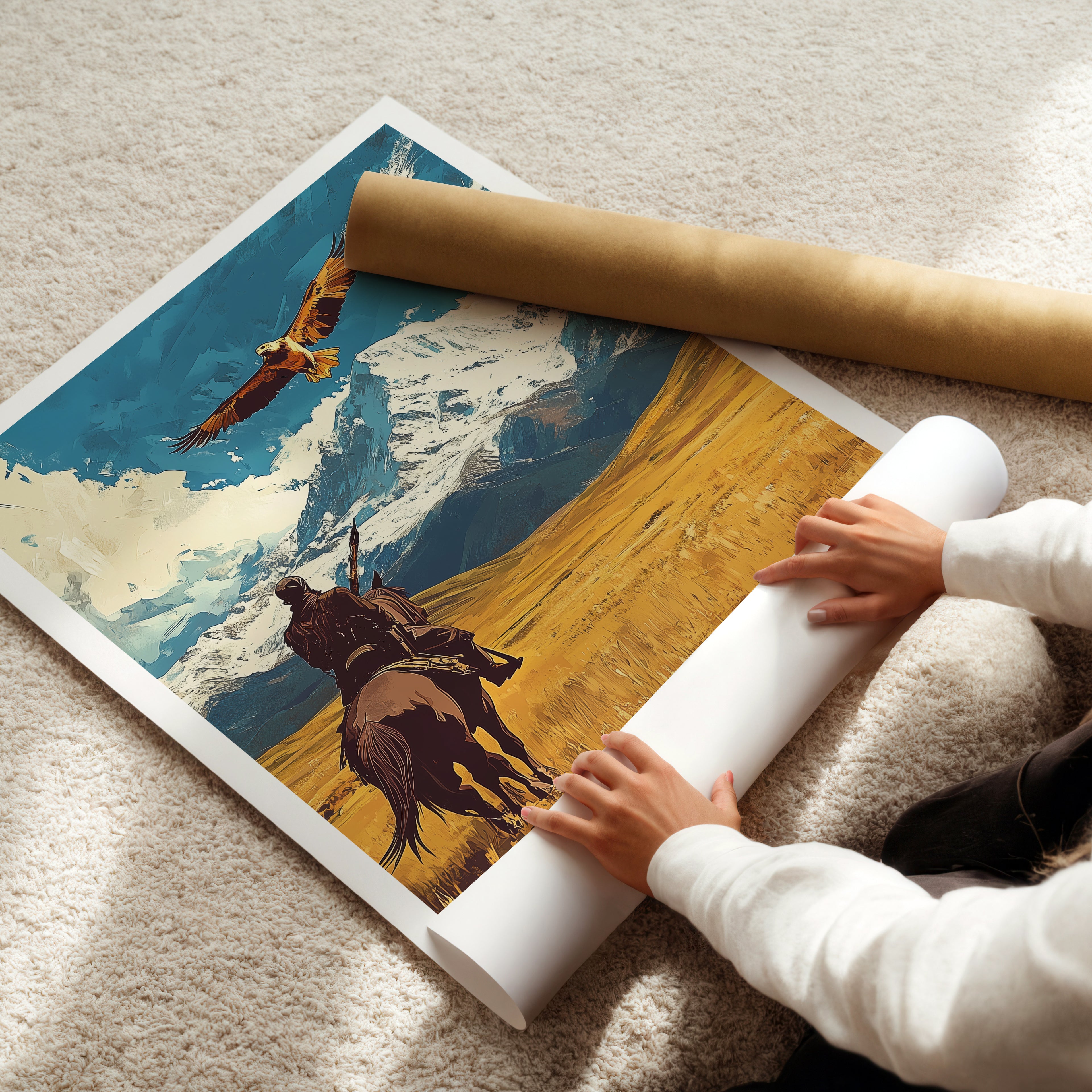 Kazakhstan Travel Poster: Golden Eagle Hunter Steppe Illustration Art