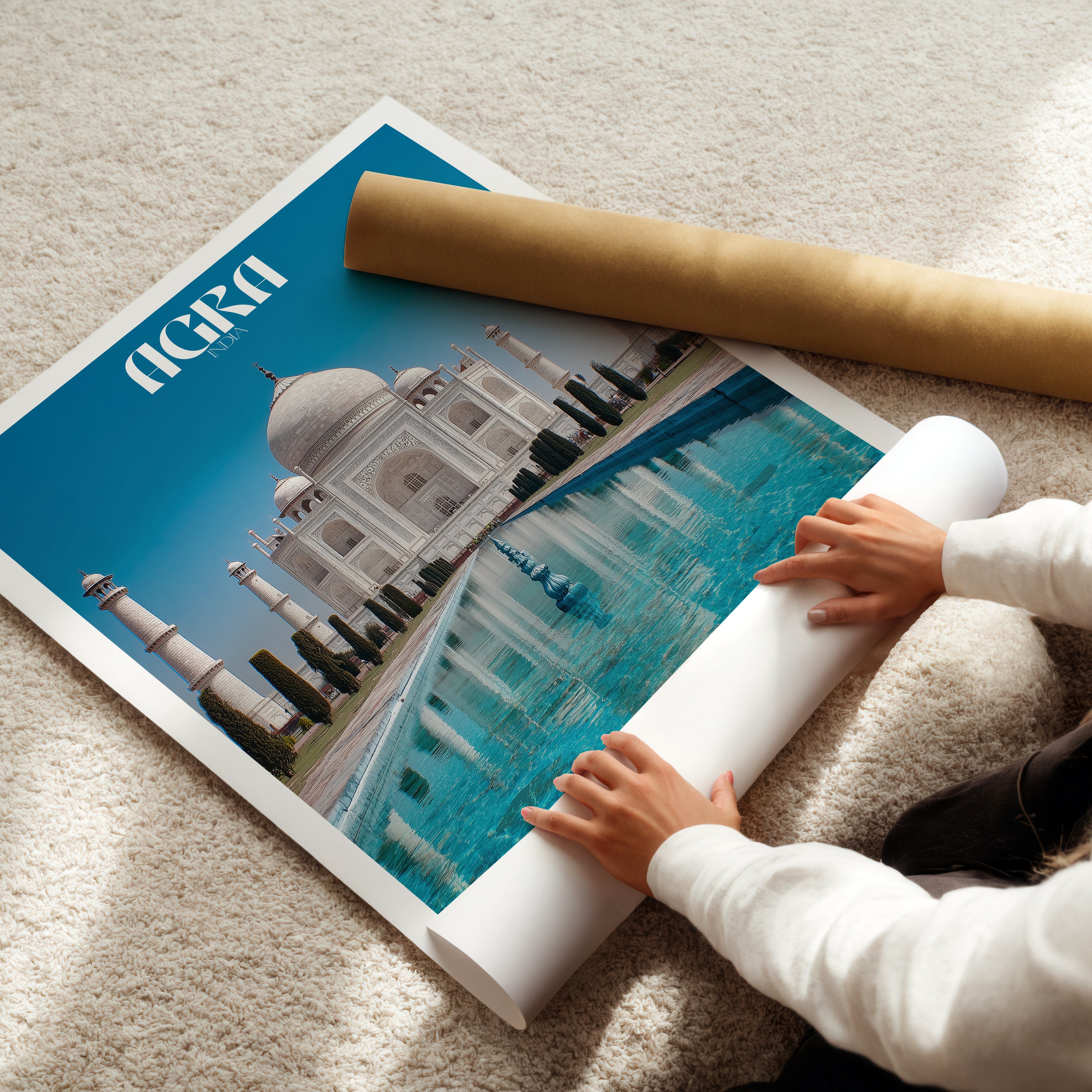 India Travel Poster – Taj Mahal Agra Print, Romantic Wall Art, Famous Landmark Decor