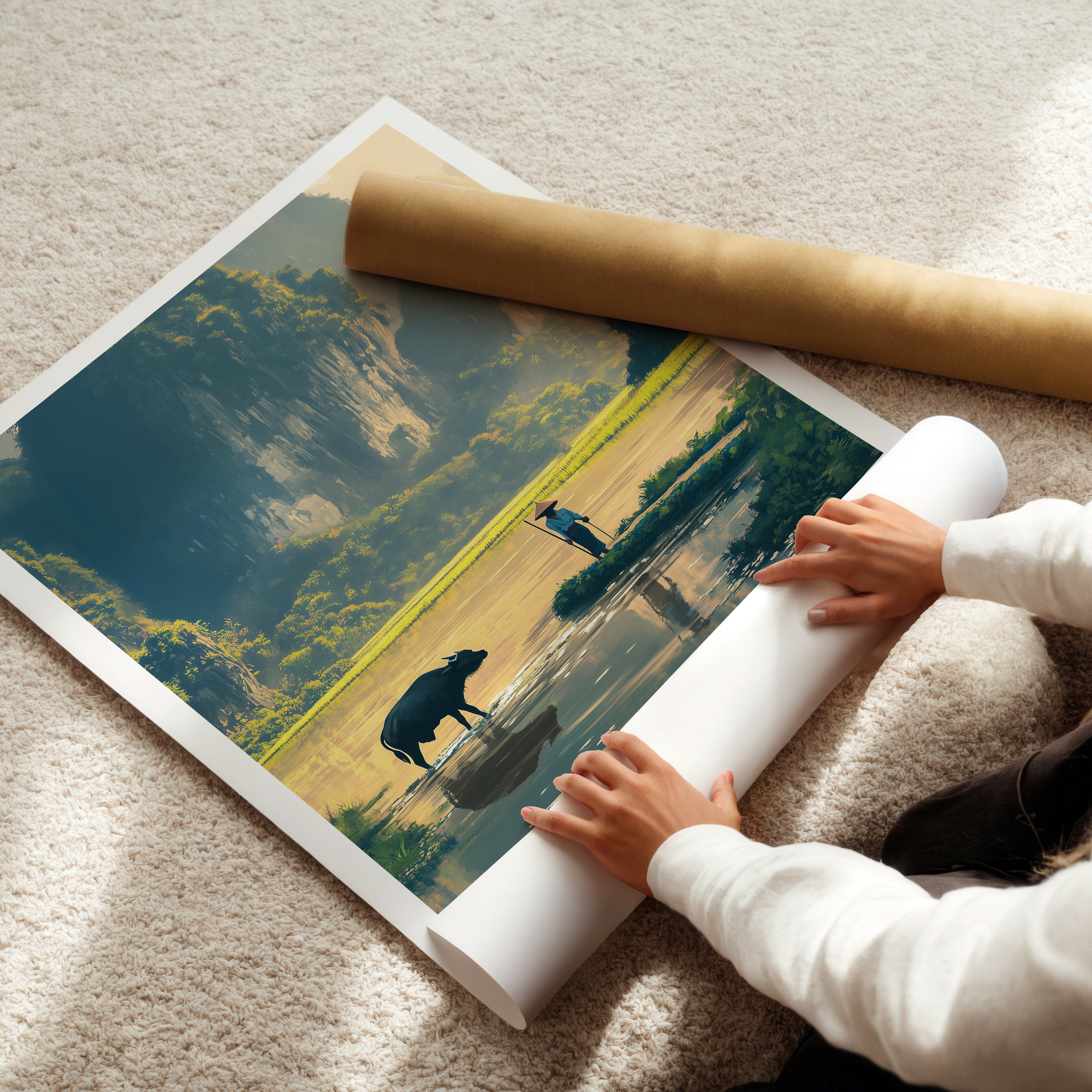 Vietnam Travel Poster: Ninh Binh Karst Landscape Illustration Art