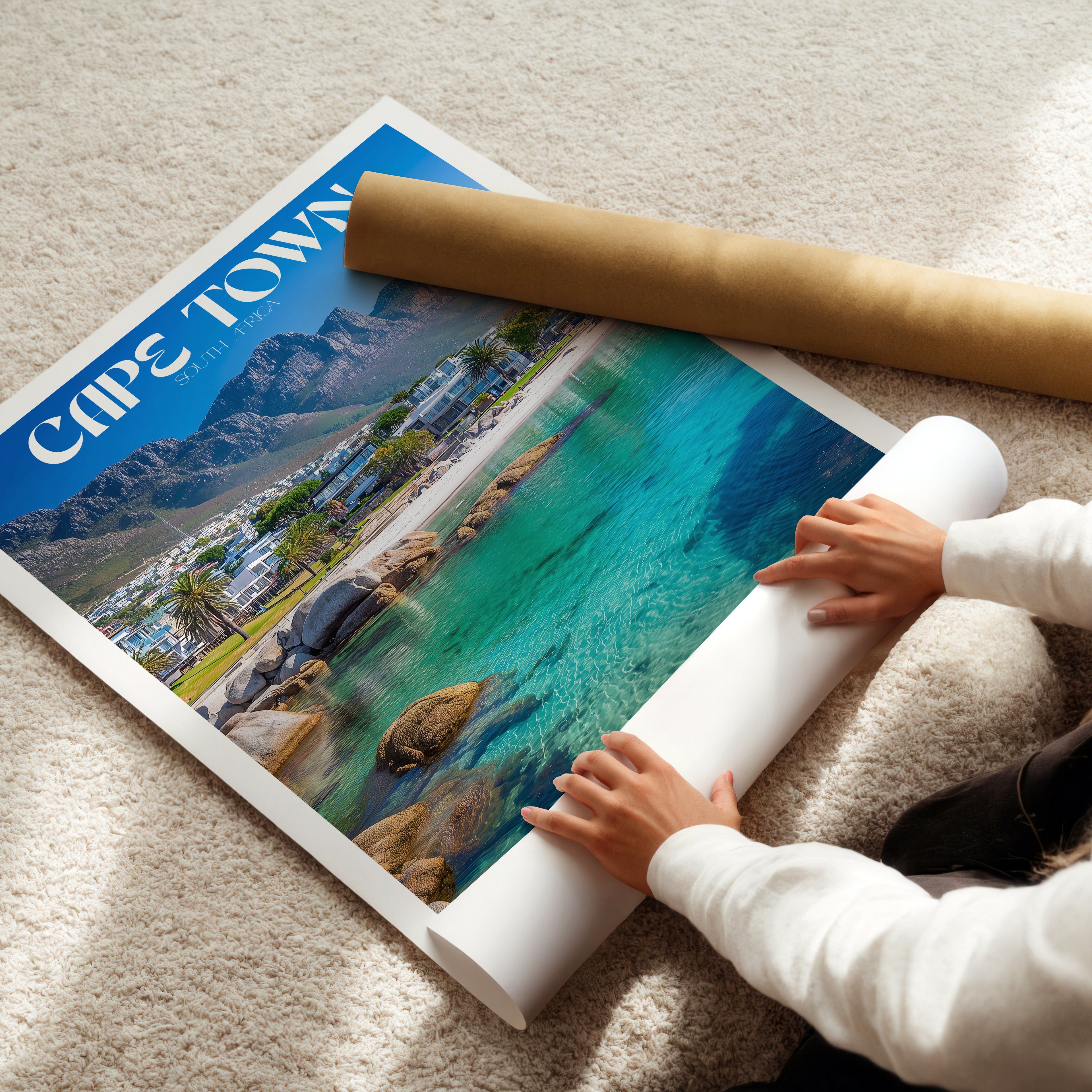 South Africa Travel Poster – Cape Town Wall Art Print, Coastal Landscape, Table Mountain View