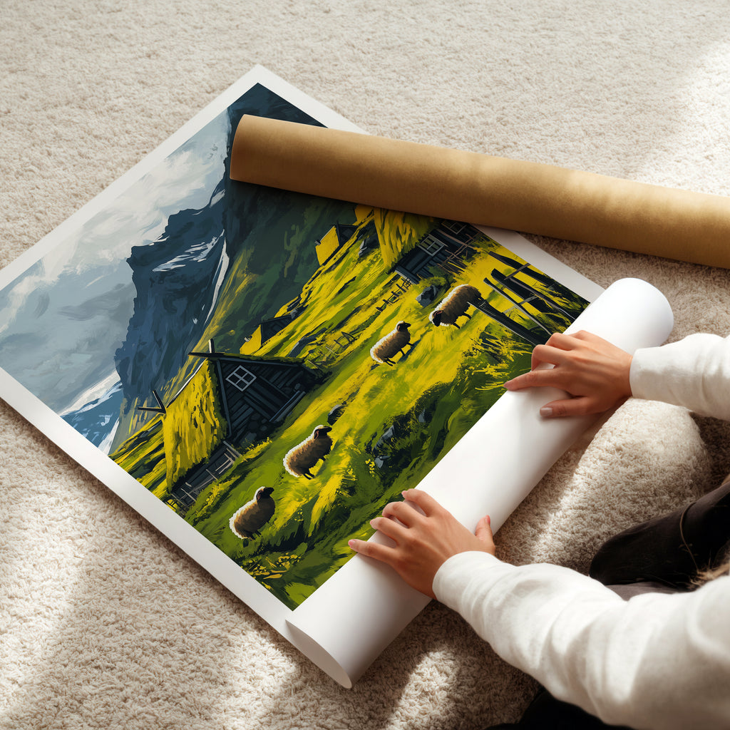 Iceland Travel Poster: Nordic Mountain Village Illustration Art