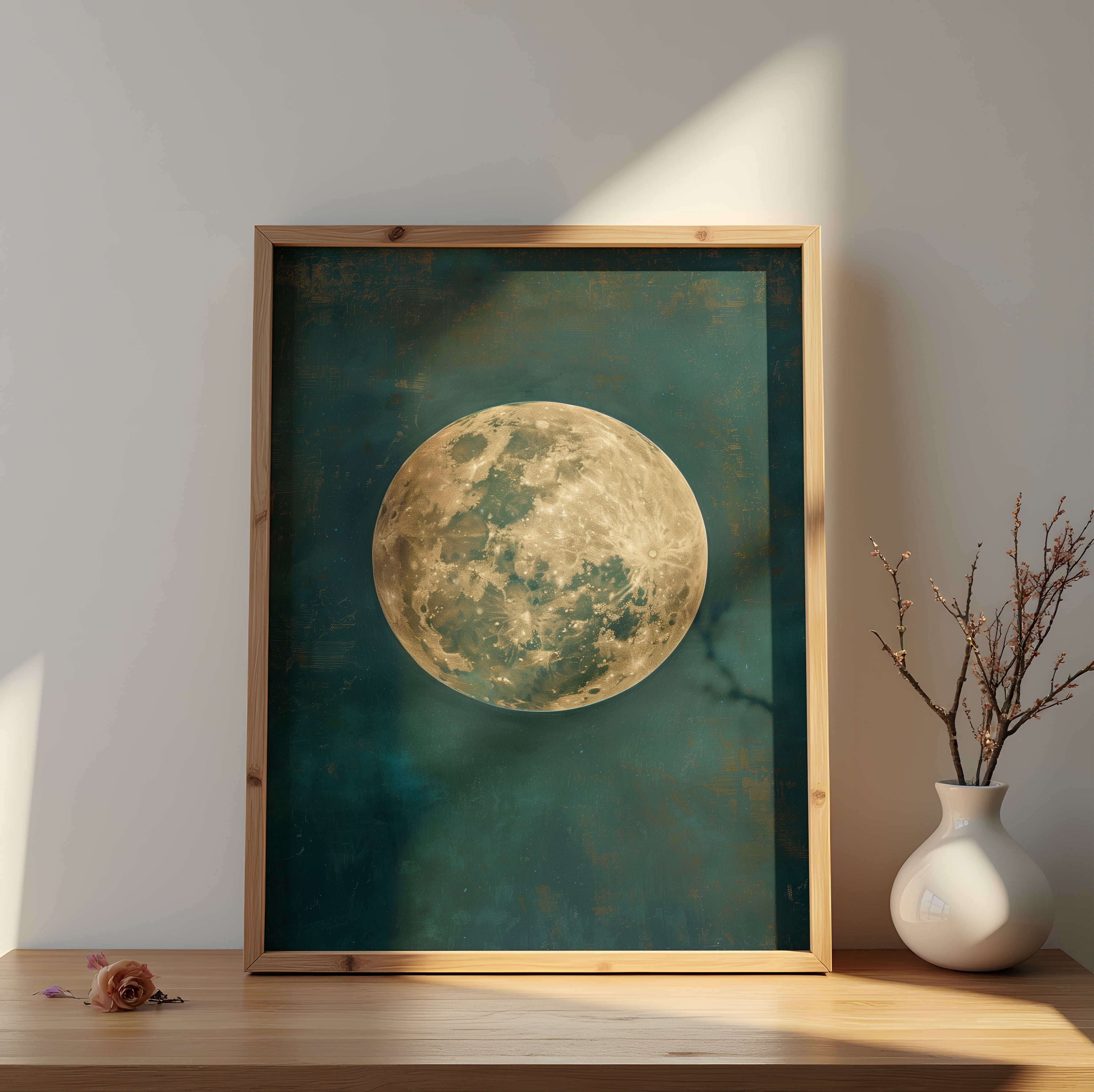 Moon wall art featuring golden full moon against deep teal night sky