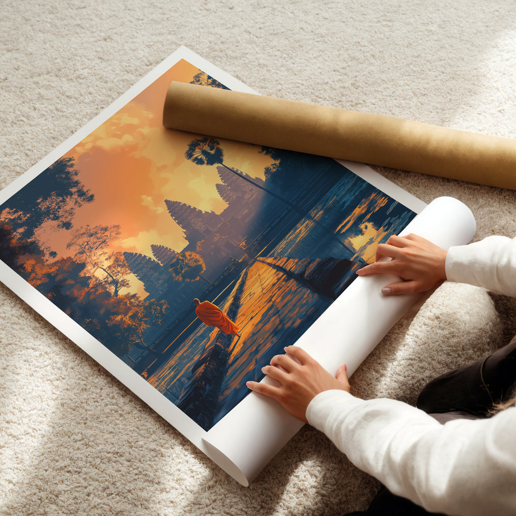 Cambodia Travel Poster: Angkor Wat Sunrise Illustration Art