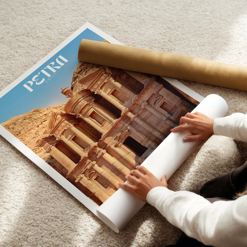 Jordan Travel Poster – Petra Ancient City Print, Archaeological Landmark Wall Art