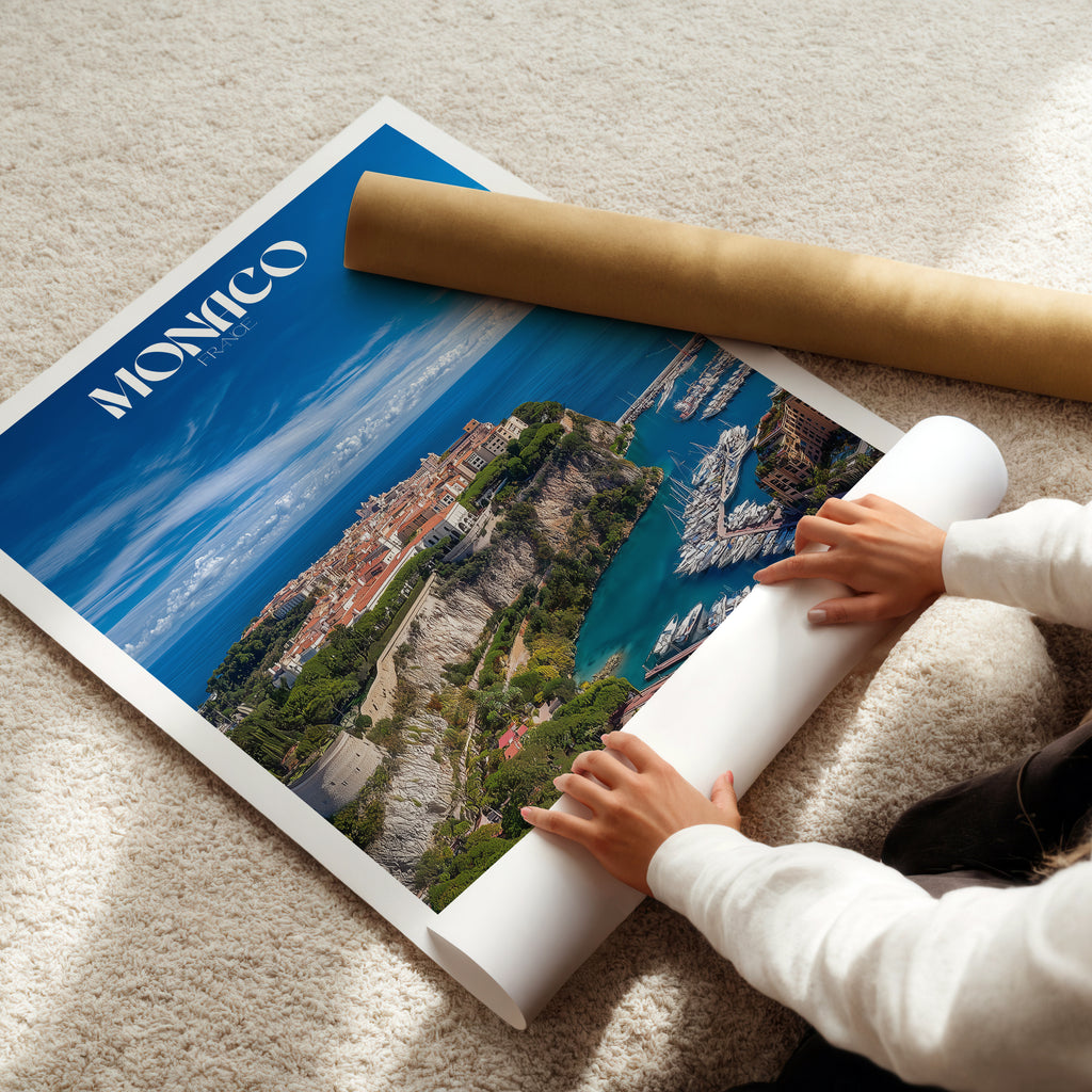 Monaco Poster – French Riviera Travel Print, Yacht Harbour Wall Art, Luxury Coastal Decor