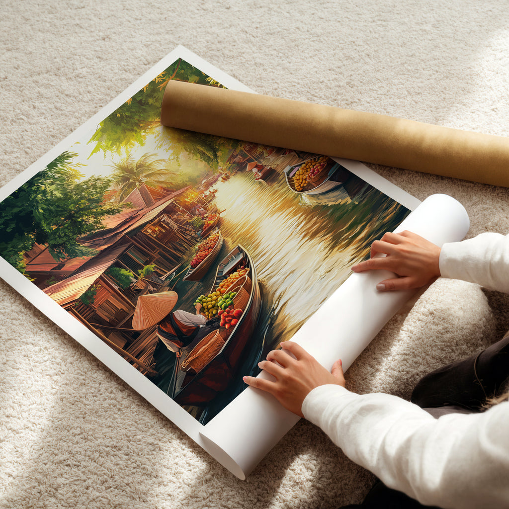 Thailand Travel Poster: Floating Market Tropical Illustration Art