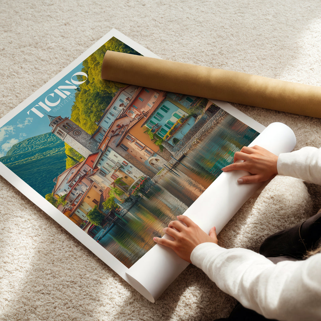 Switzerland Travel Poster – Ticino Alpine Print, Mountain Landscape Wall Art, European Decor