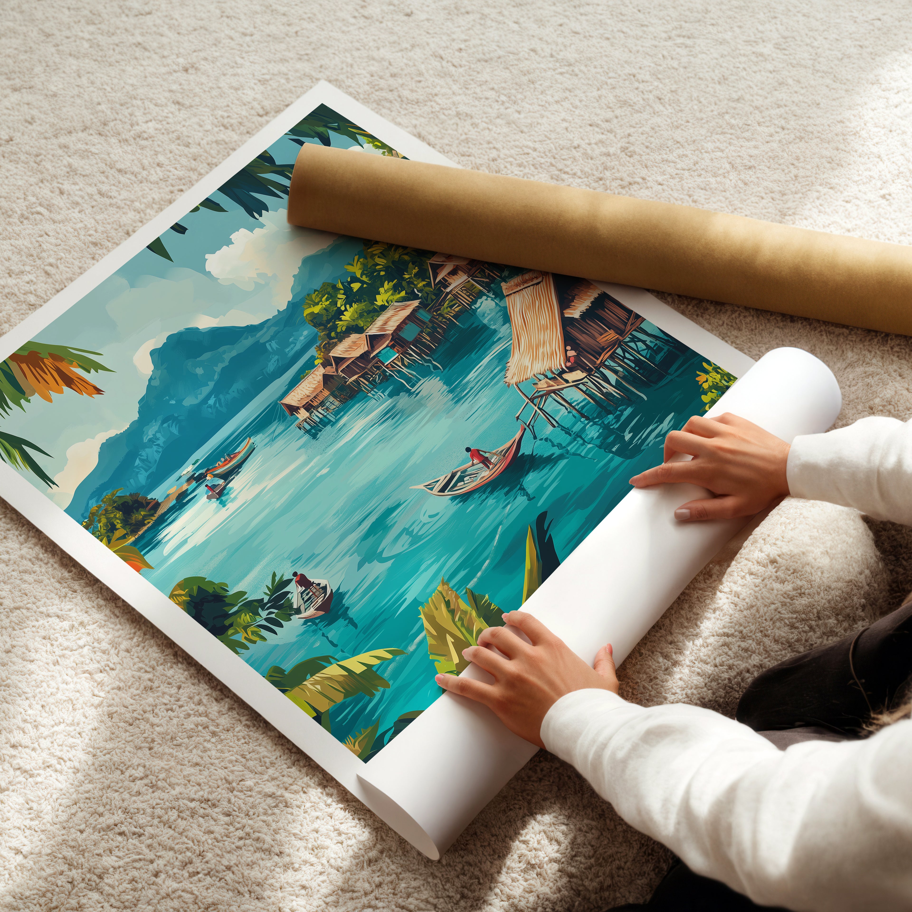 Indonesia Travel Poster: Raja Ampat Tropical Village Illustration Art