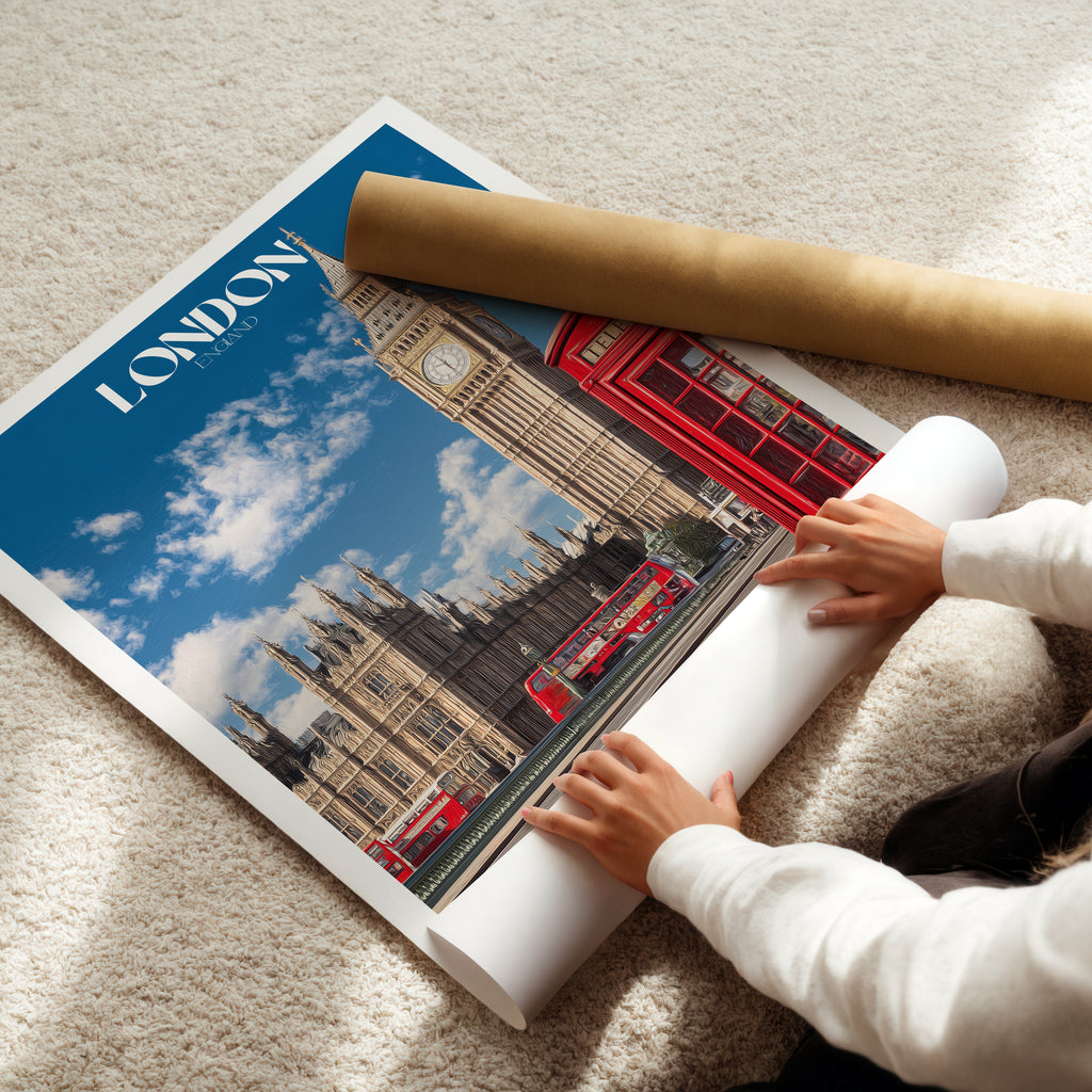 London Travel Poster: Big Ben & Red Phone Booth Print