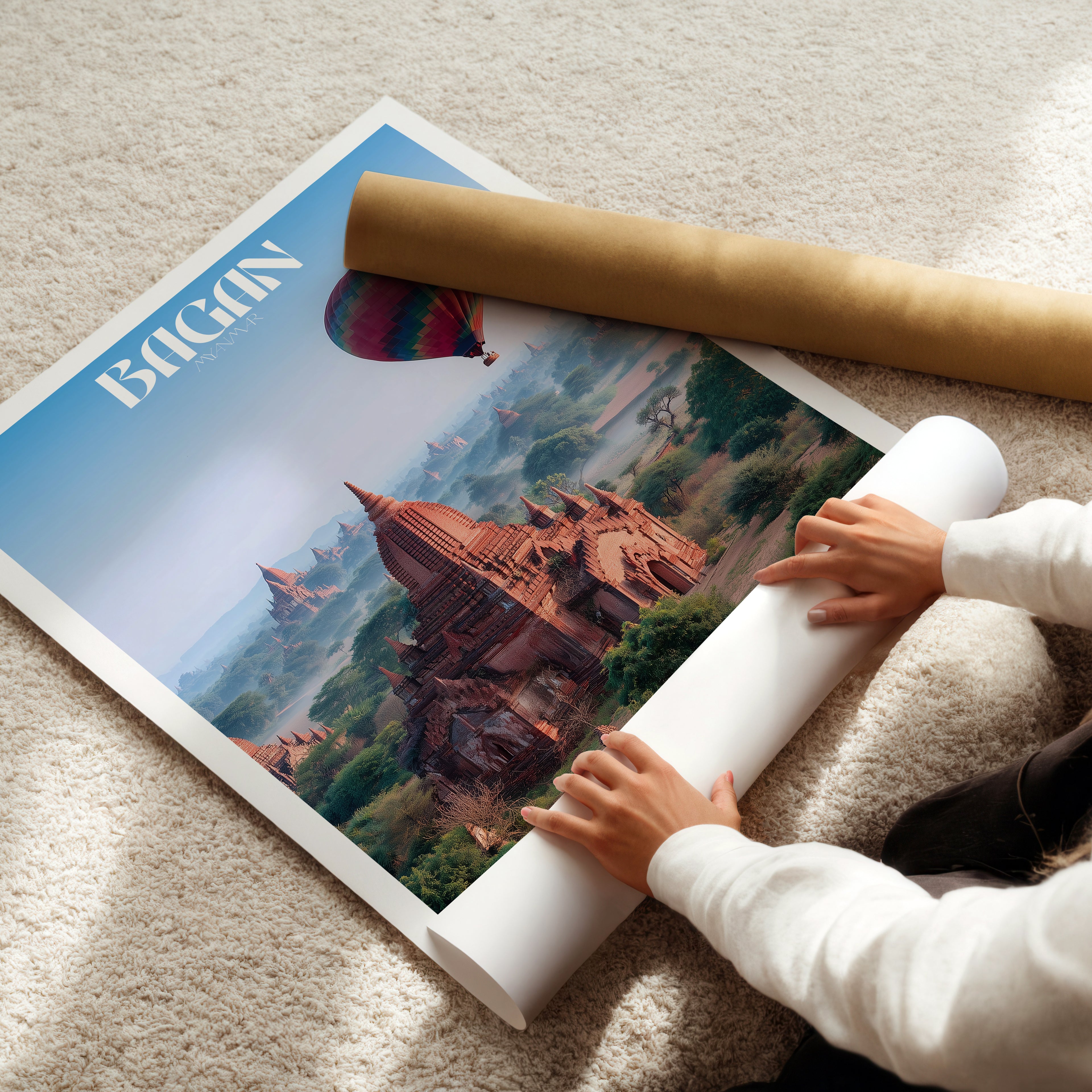 Bagan Temples Travel Print: Myanmar Hot Air Balloon Sunrise Art