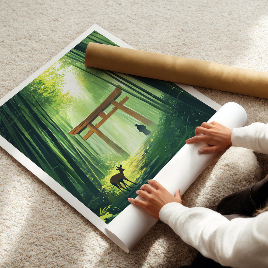 Kyoto Japan Travel Poster: Bamboo Forest Torii Illustration Art