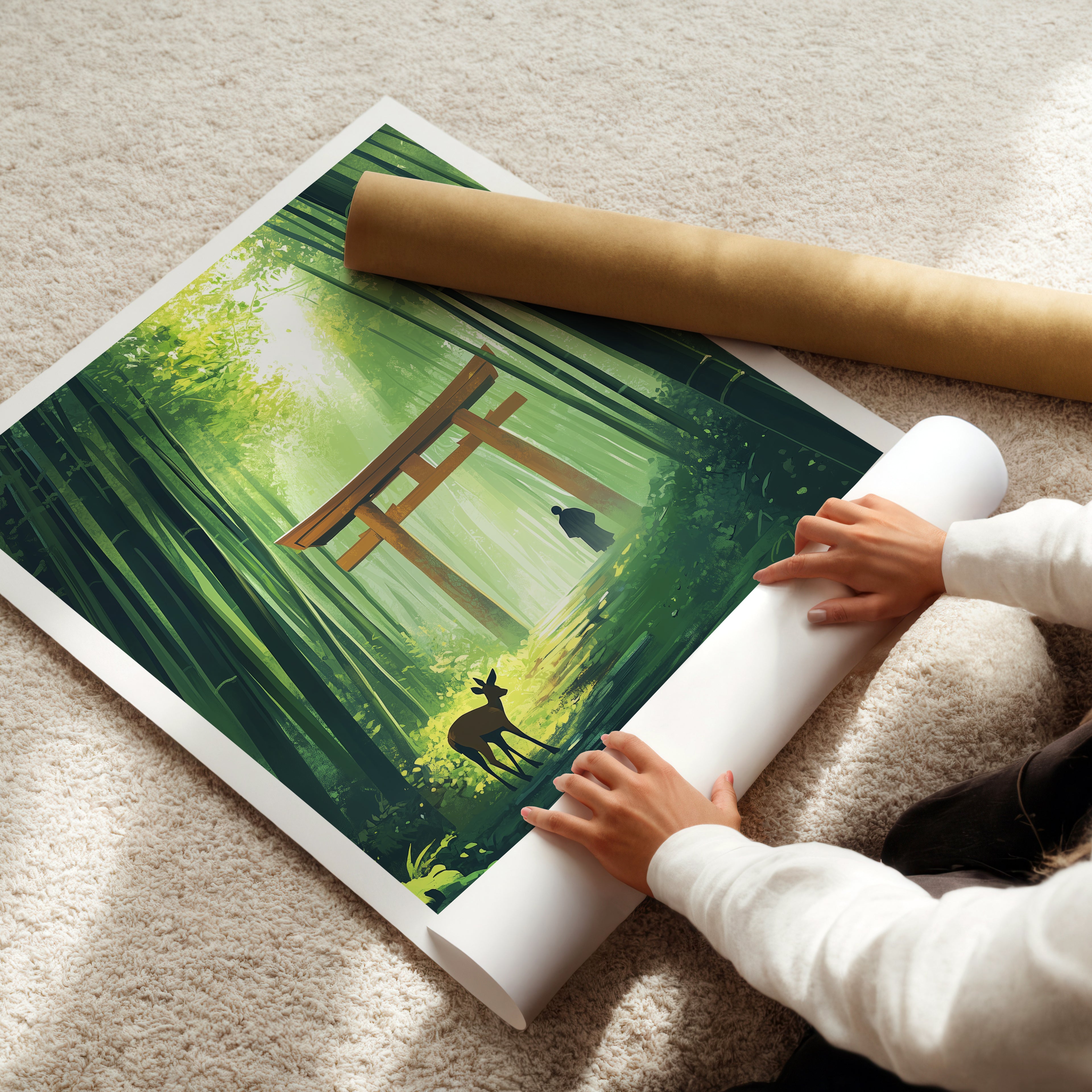 Kyoto Japan Travel Poster: Bamboo Forest Torii Illustration Art