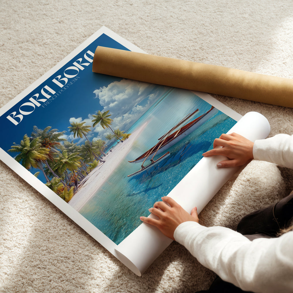 French Polynesia Travel Poster – Bora Bora Island Print, Tropical Lagoon Wall Art, Paradise Decor
