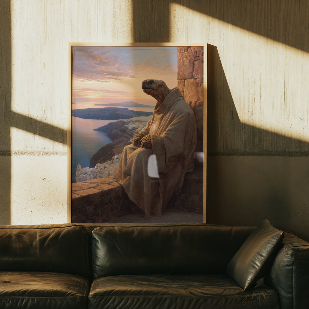 Meditative Turtle Poster – Greek Island Animal Print, Santorini Wall Art, Peaceful Fantasy Illustration