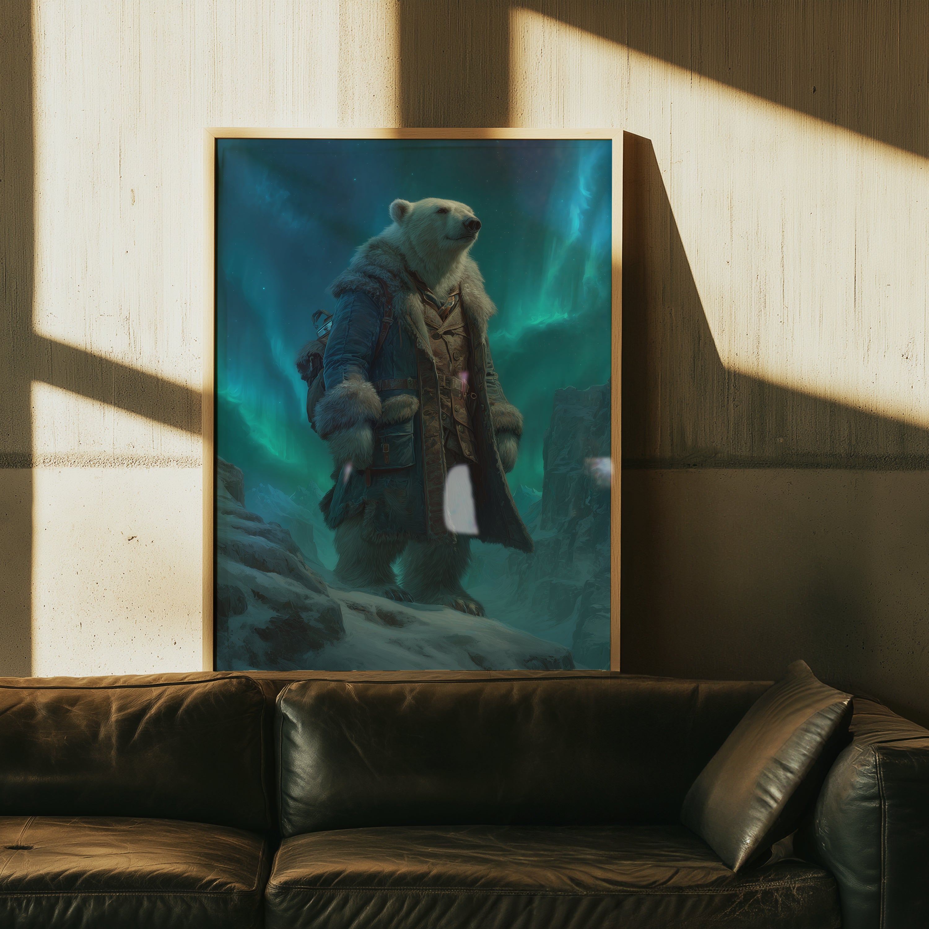 Polar Bear Explorer Print: Arctic Animal Art, Aurora Borealis Fantasy